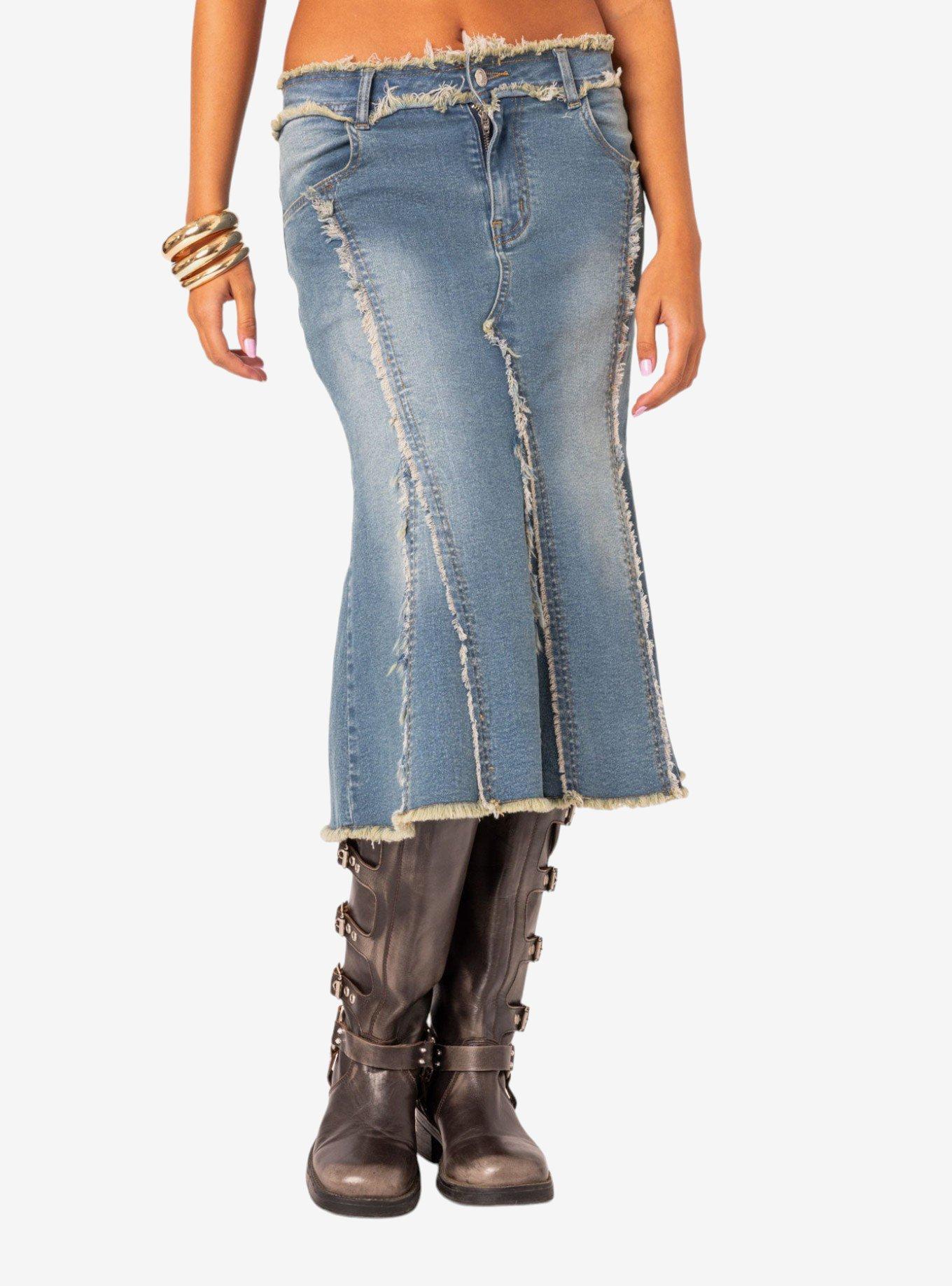 Arabella Distressed Denim Midi Skirt, BLUE, alternate