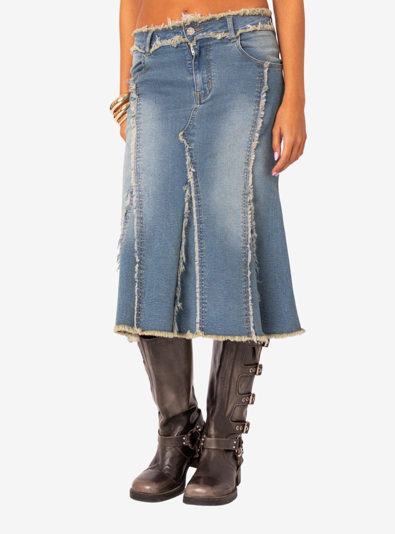 Arabella Distressed Denim Midi Skirt, BLUE, alternate