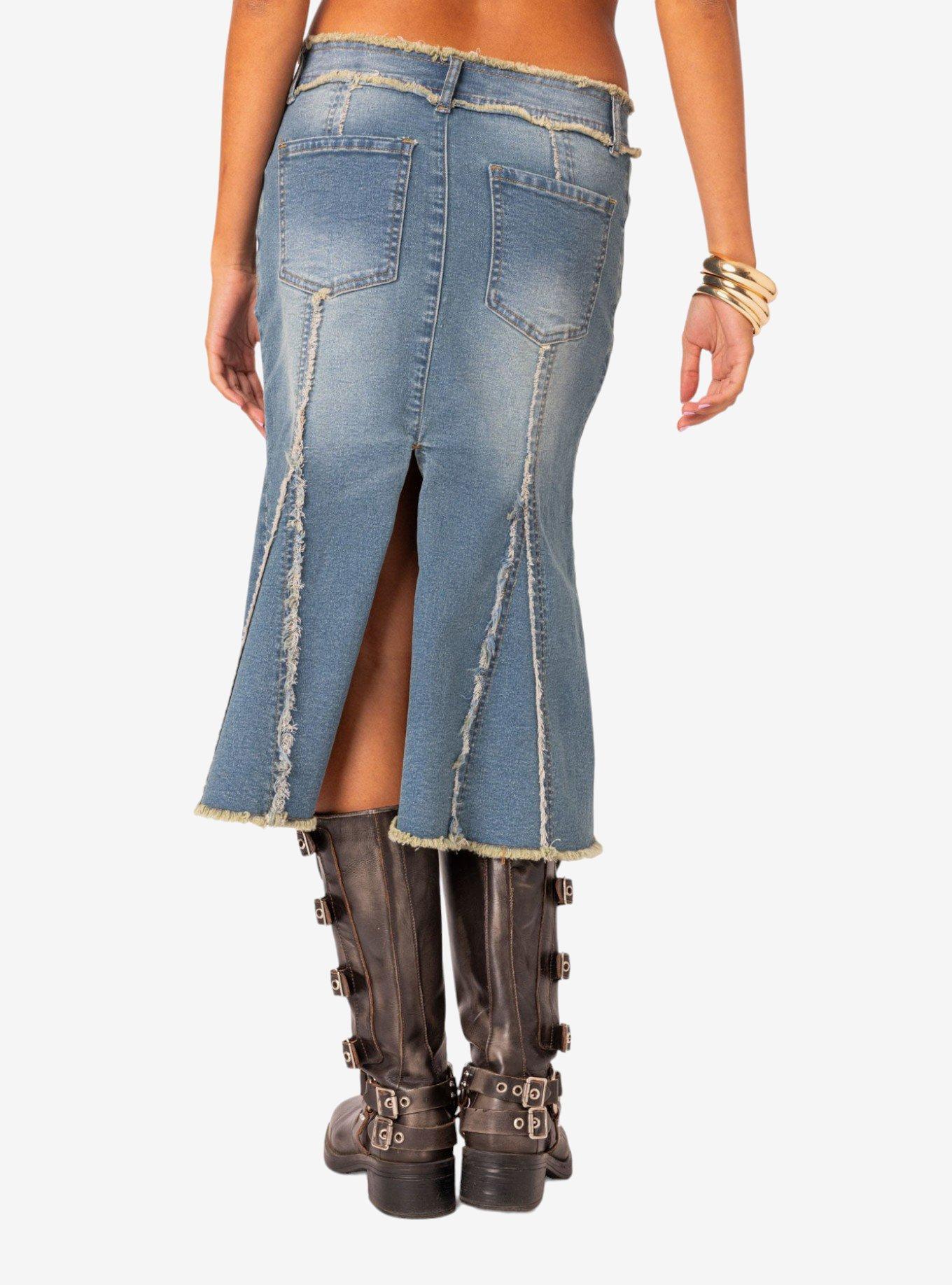 Arabella Distressed Denim Midi Skirt, BLUE, alternate