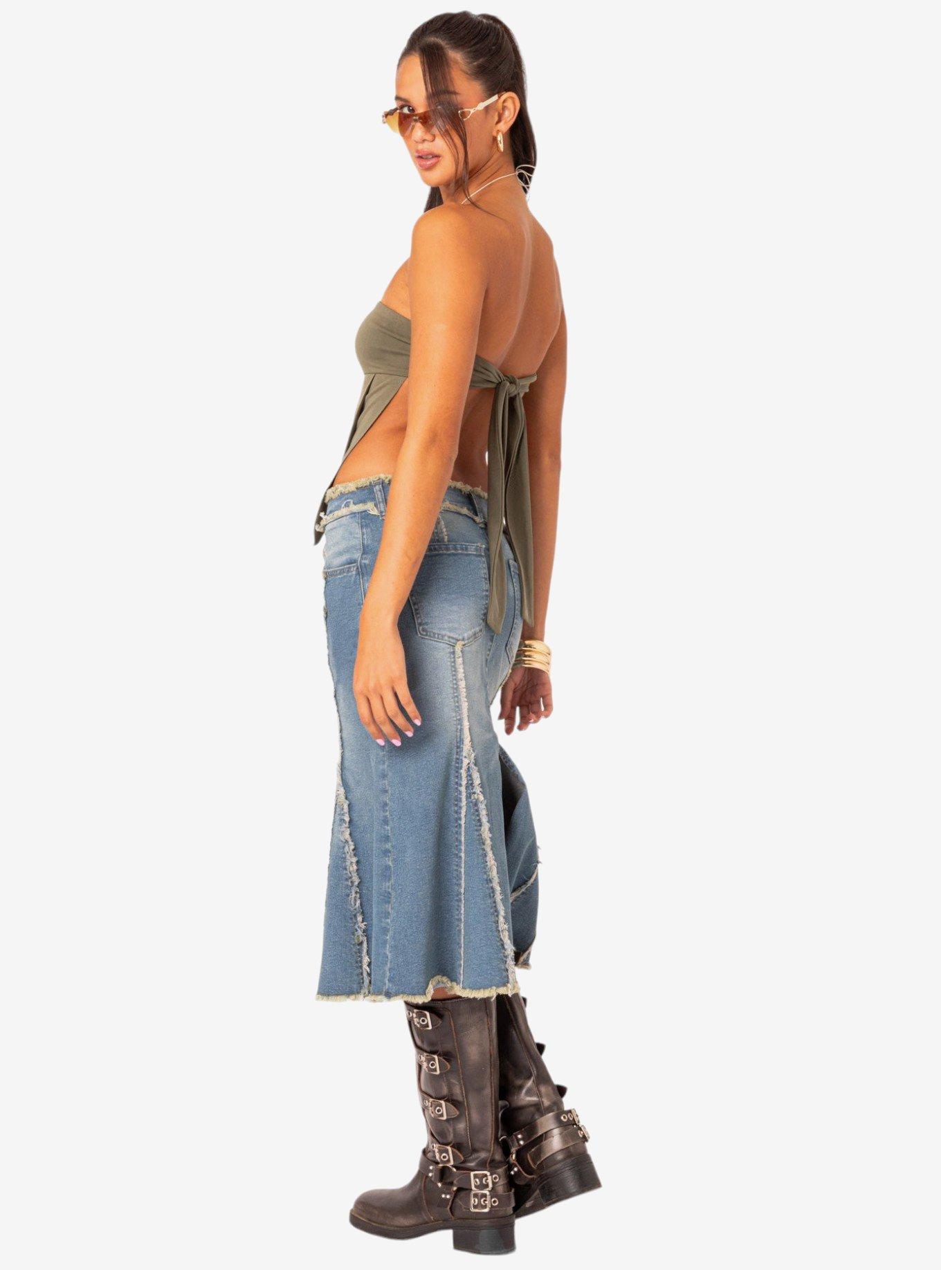 Arabella Distressed Denim Midi Skirt, BLUE, alternate