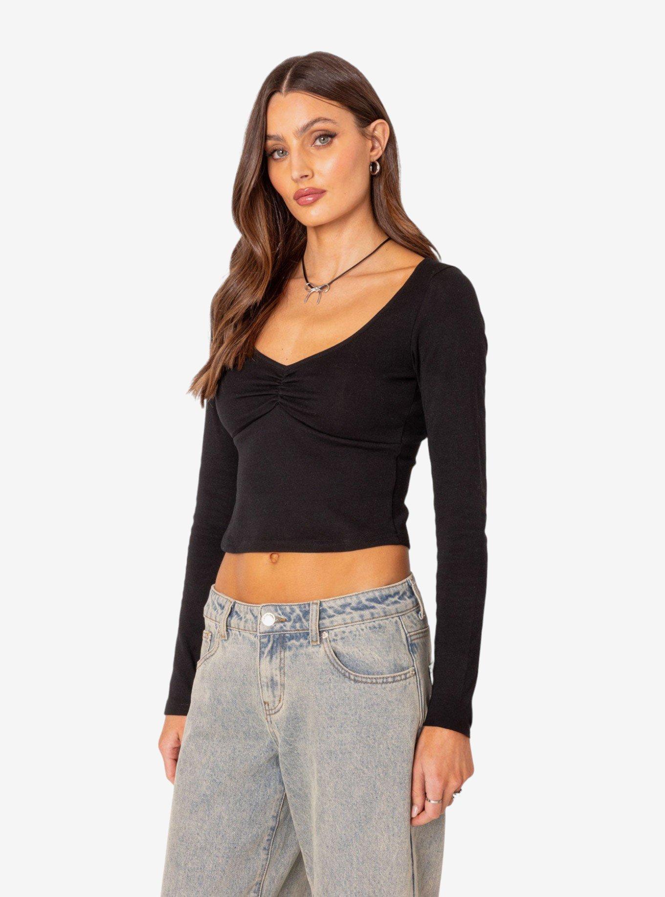 Nat Ruched V Neck Top Black, BLACK, alternate