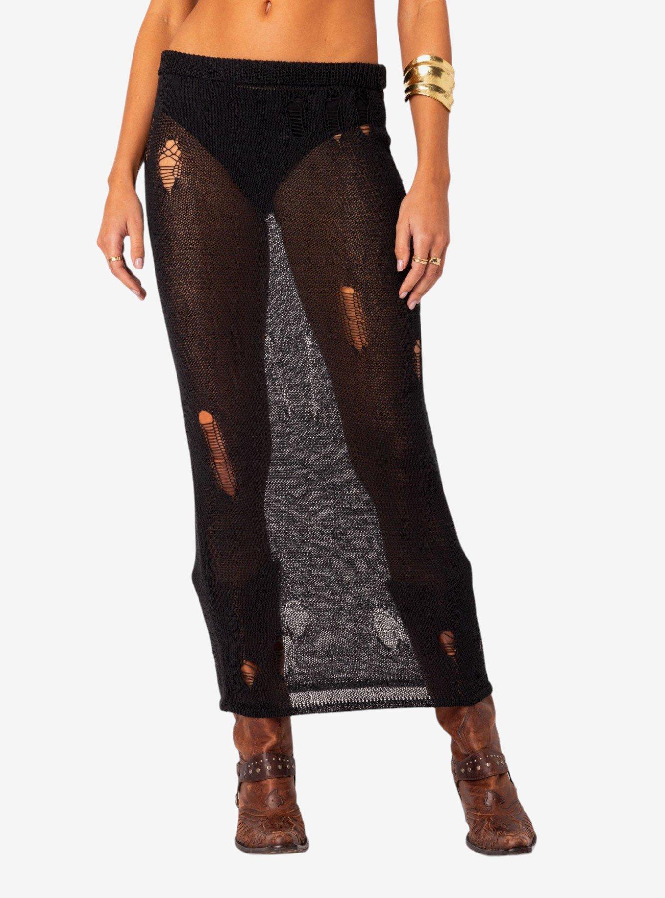 Britt Distressed Knit Maxi Skirt, BLACK, alternate
