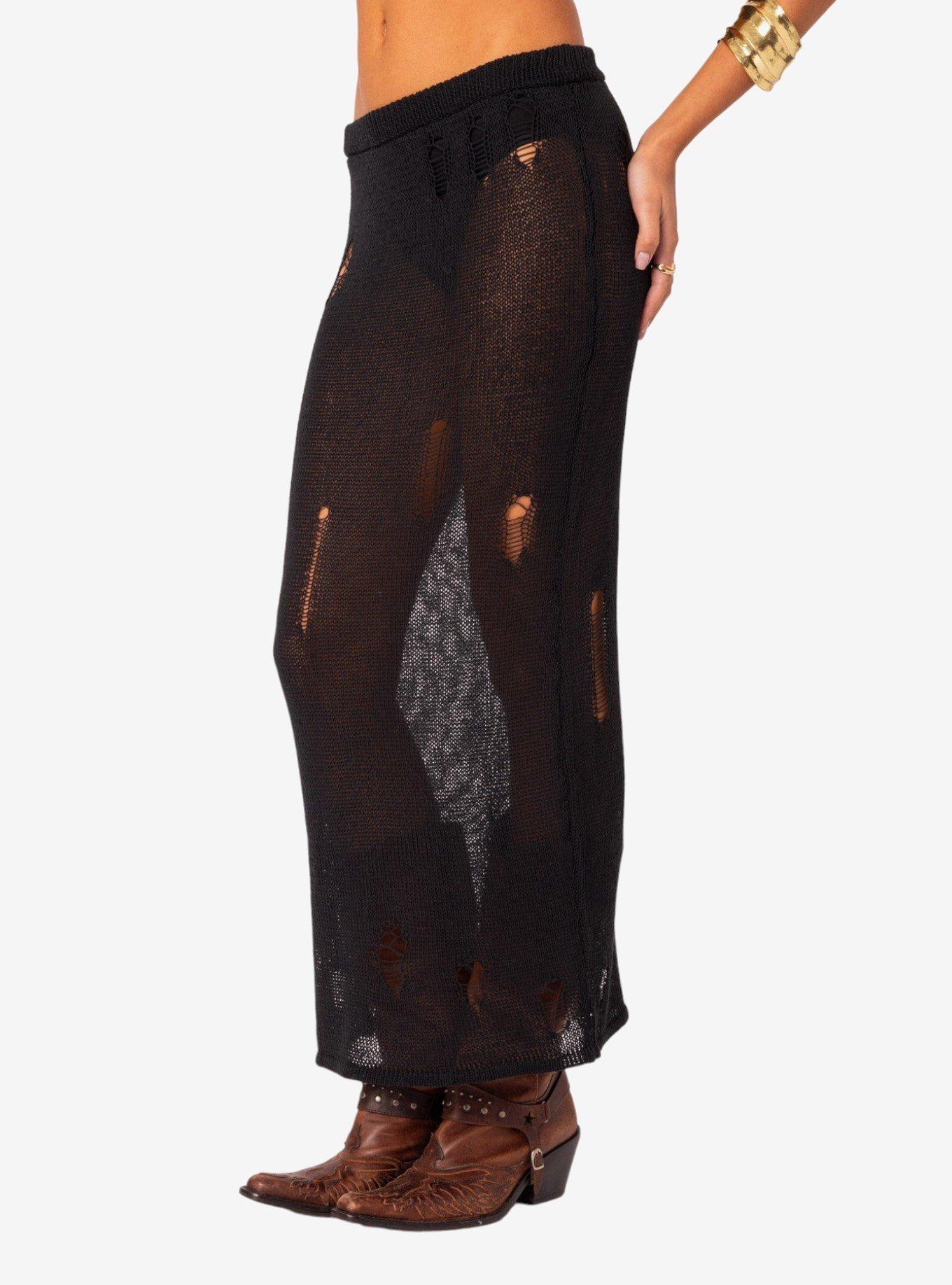 Britt Distressed Knit Maxi Skirt, BLACK, alternate