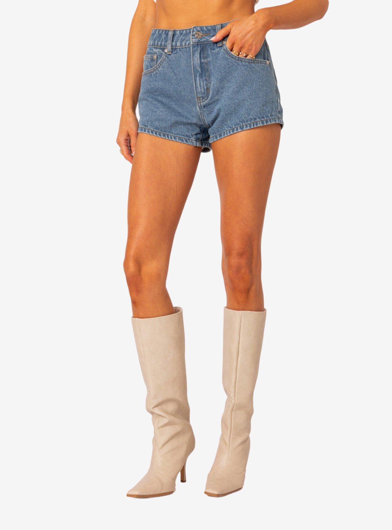 Edikted Bow Pocket Washed Denim Shorts, BLUE, alternate