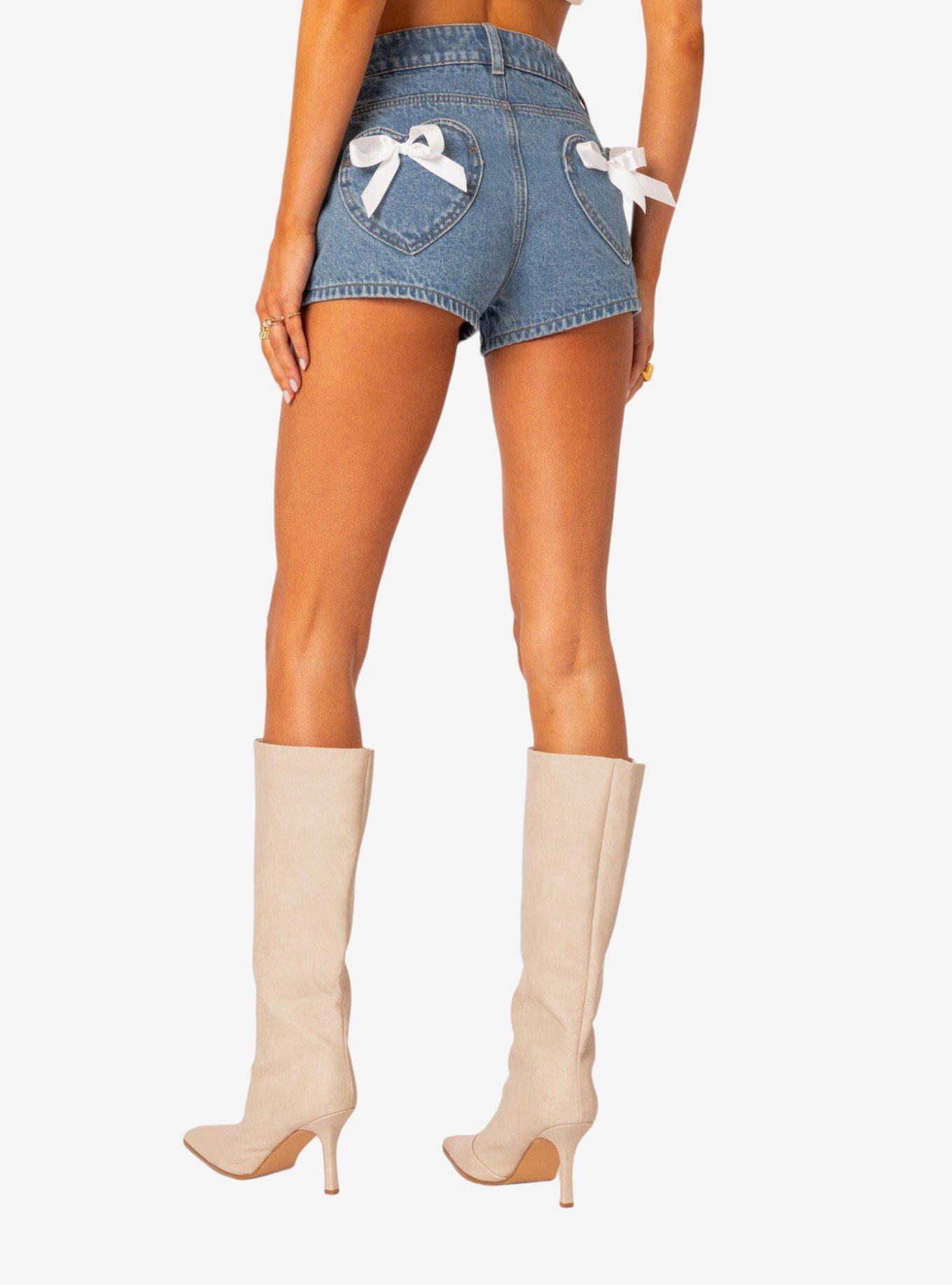 Edikted Bow Pocket Washed Denim Shorts, BLUE, alternate