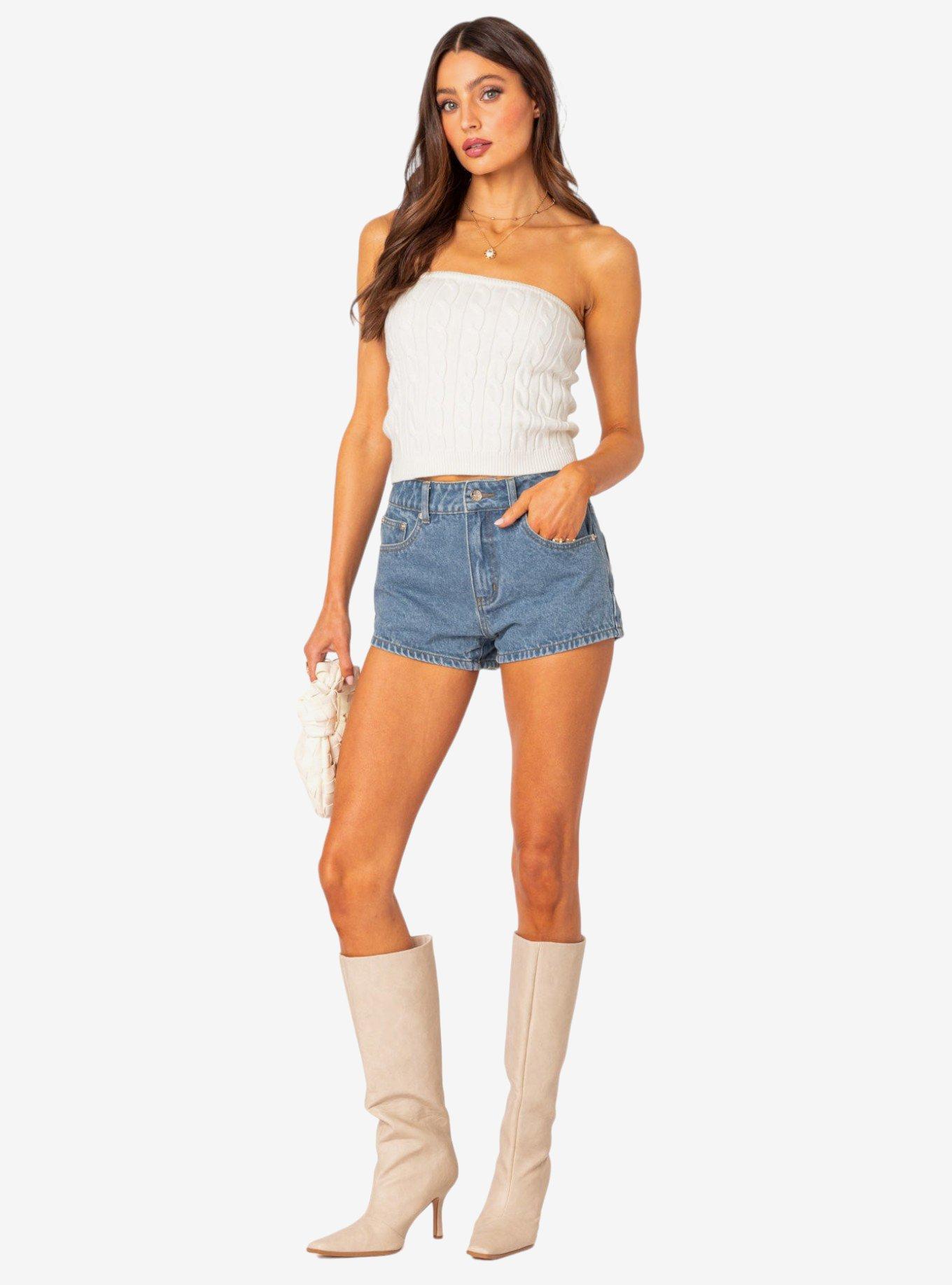Edikted Bow Pocket Washed Denim Shorts, BLUE, alternate