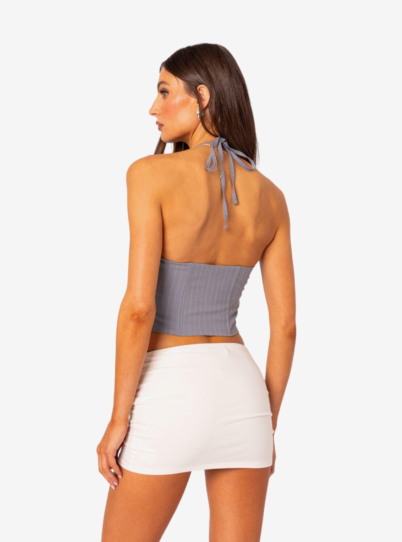 Lace Up Pinstripe Corset Top, GREY, alternate