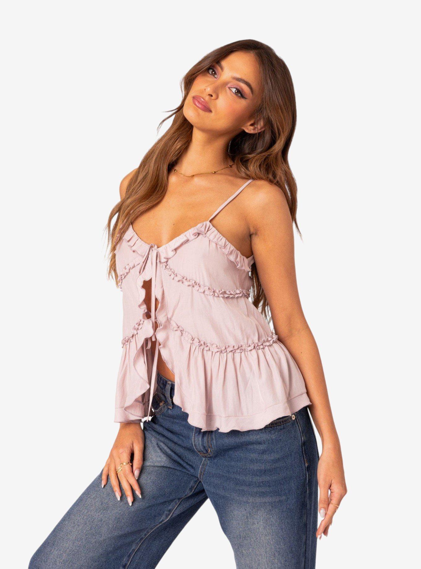 Juniper Tie Front Ruffled Top, PINK, alternate - view 3
