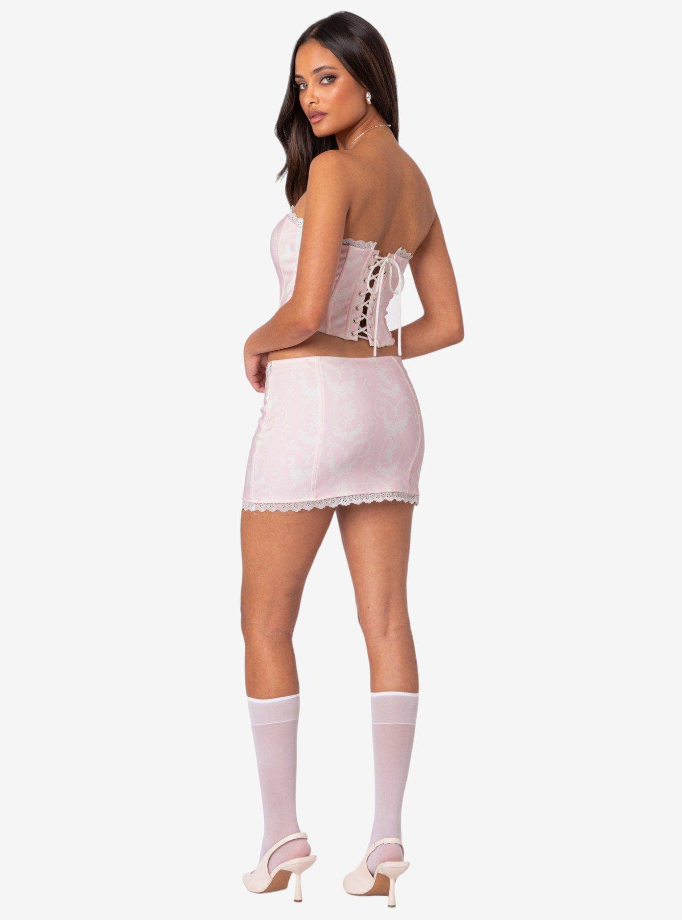 Edikted Silvie Printed Lace Up Corset Top, PINK, alternate