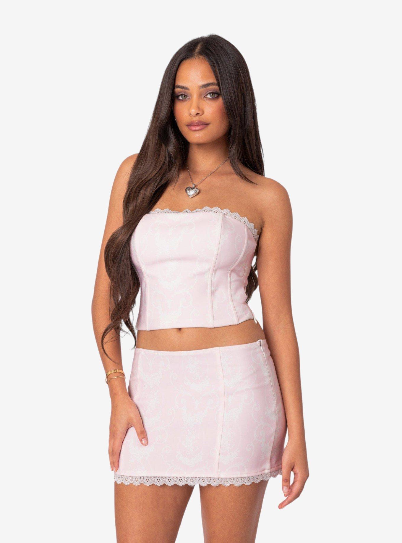 Edikted Silvie Printed Lace Up Corset Top, PINK, alternate