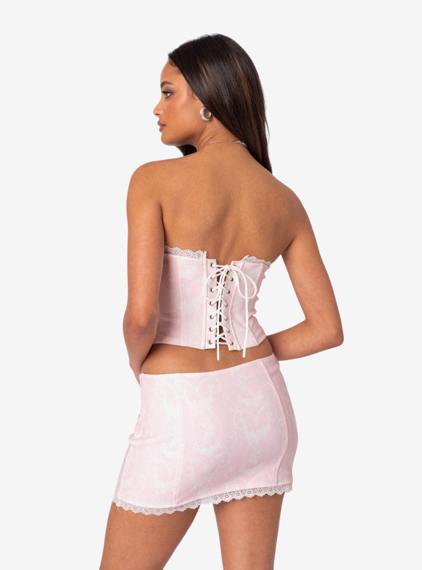 Edikted Silvie Printed Lace Up Corset Top, PINK, alternate