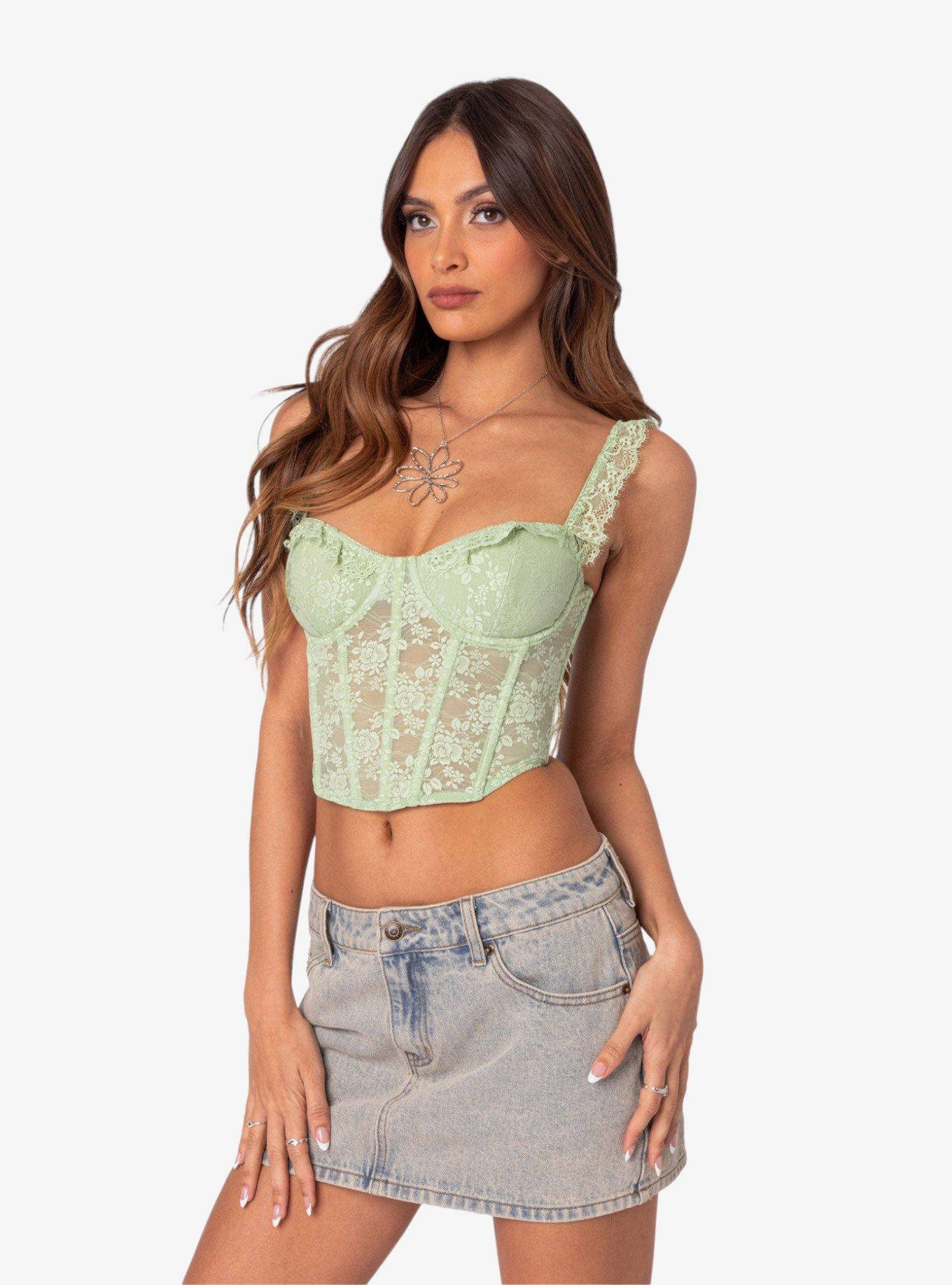 Edikted Amaya Sheer Lace Corset Top, GREEN, alternate