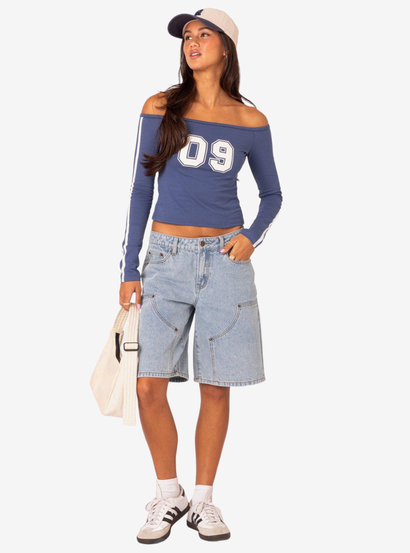 90's Off Shoulder Long Sleeve Shirt, BLUE, alternate