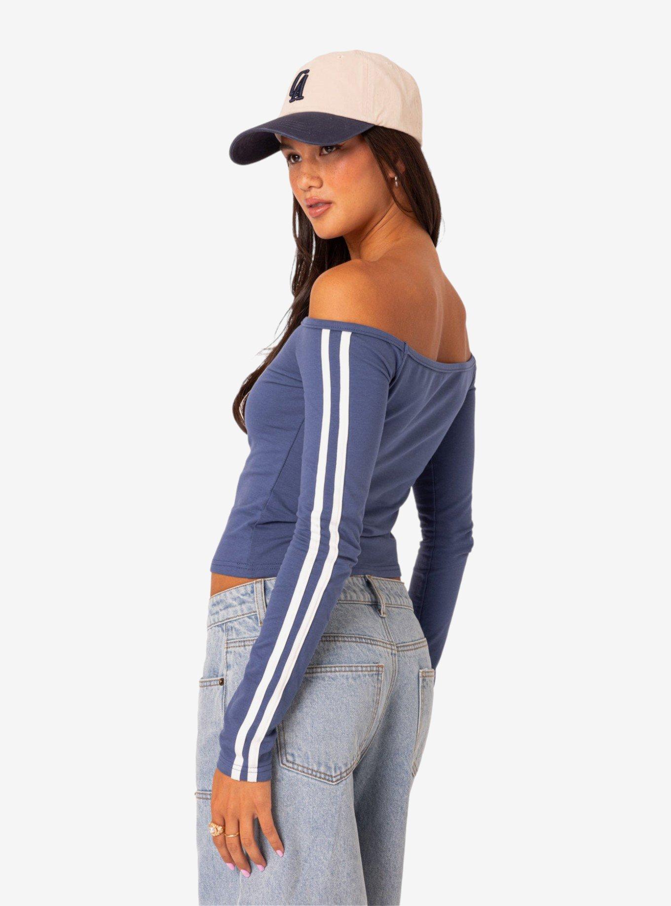 90's Off Shoulder Long Sleeve Shirt, BLUE, alternate