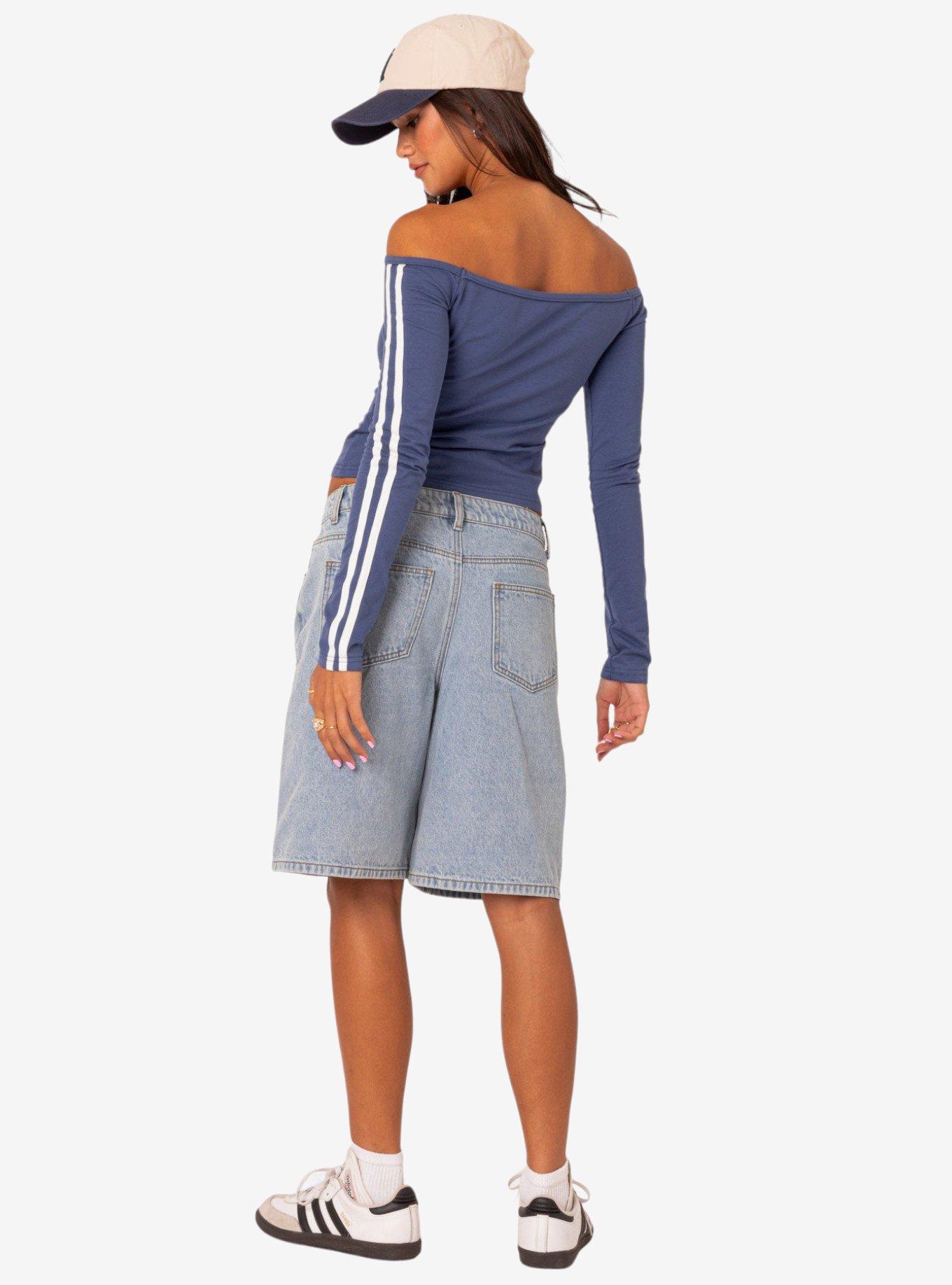 90's Off Shoulder Long Sleeve Shirt, BLUE, alternate