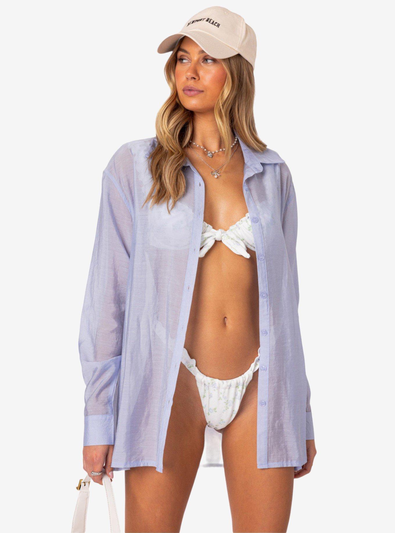 Edikted Bryce Oversized Sheer Cover-Up Shirt, BLUE, alternate