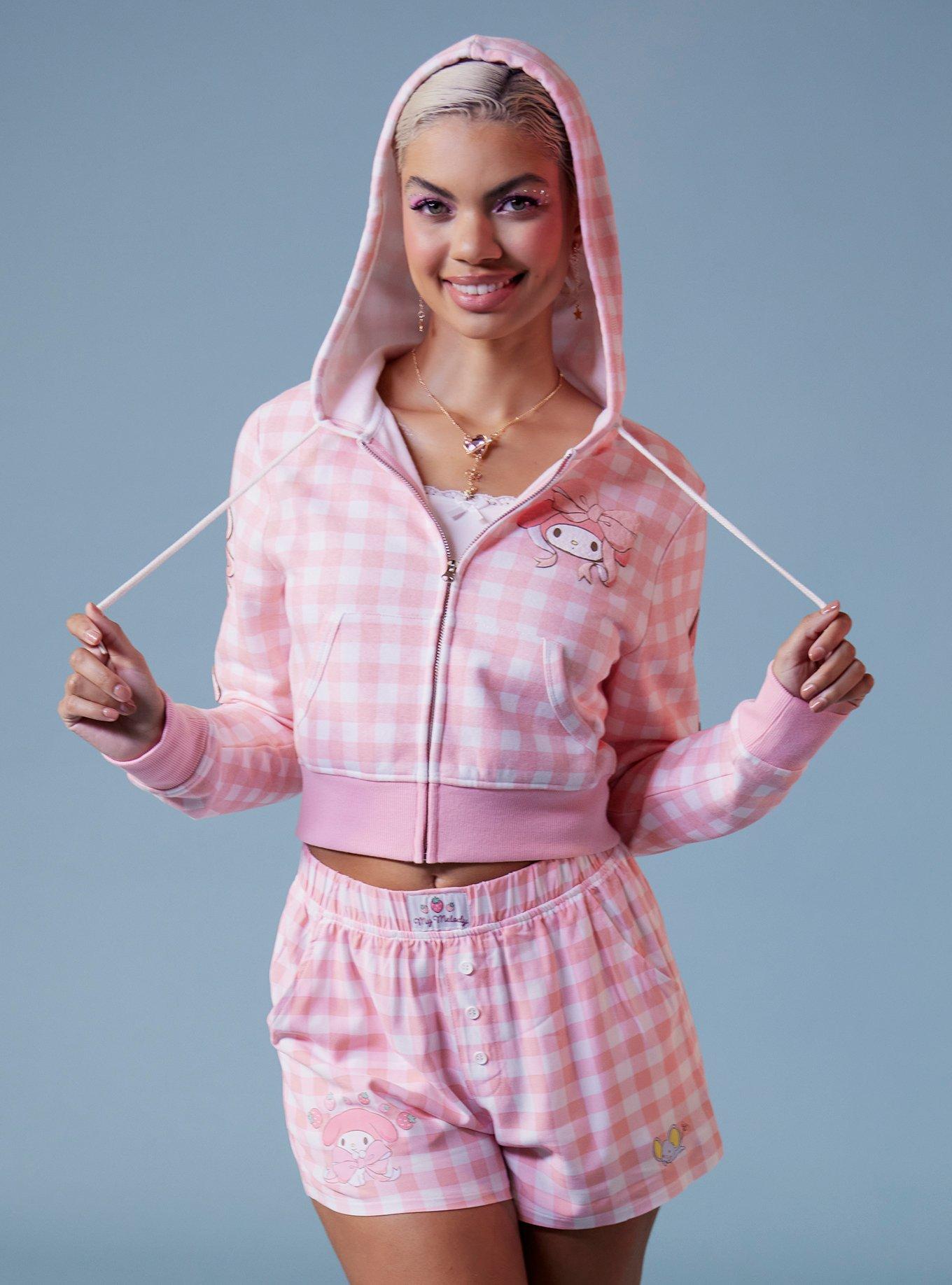 My Melody Puff Print Gingham Girls Crop Hoodie, , hi-res