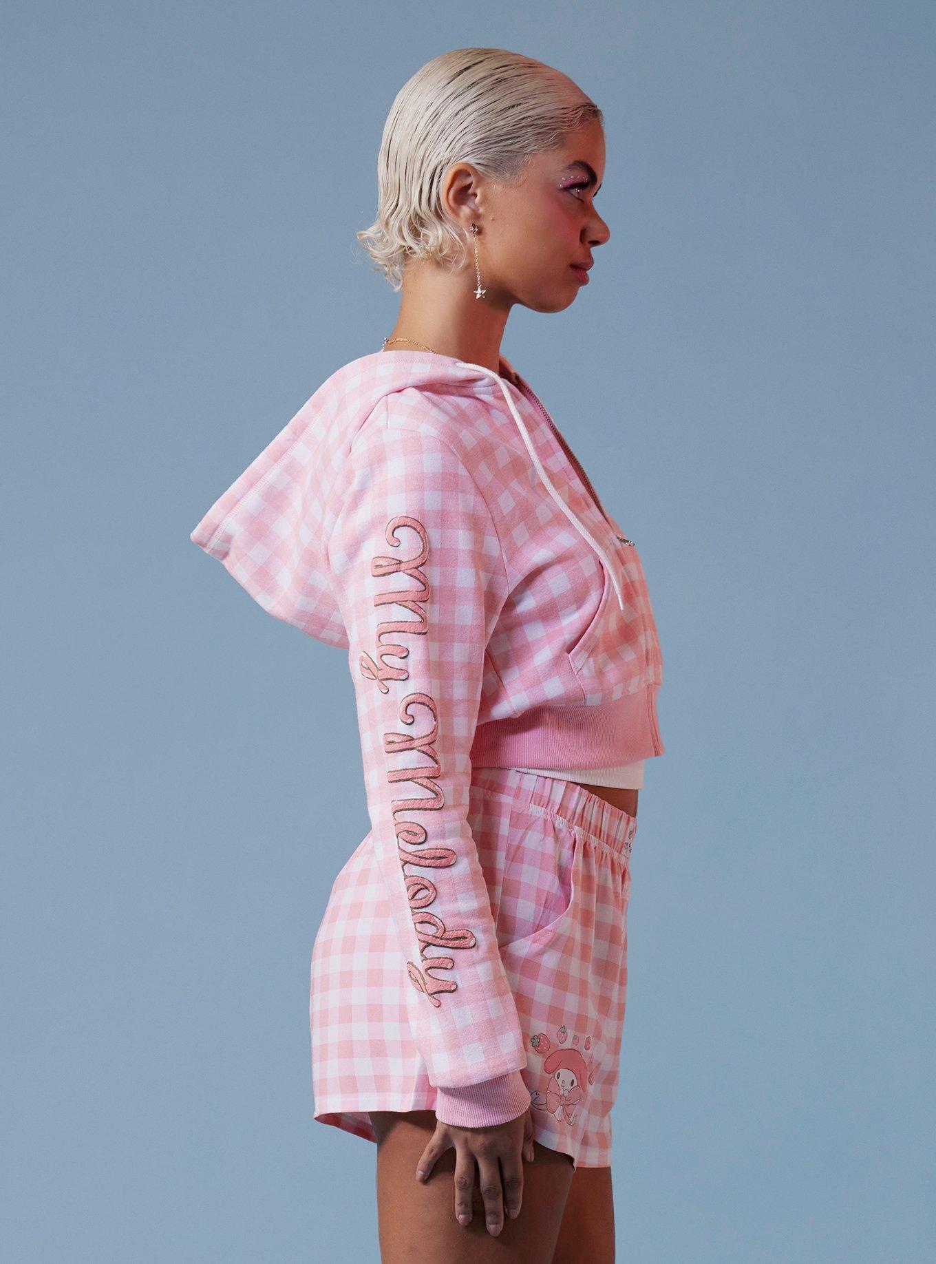 My Melody Puff Print Gingham Girls Crop Hoodie