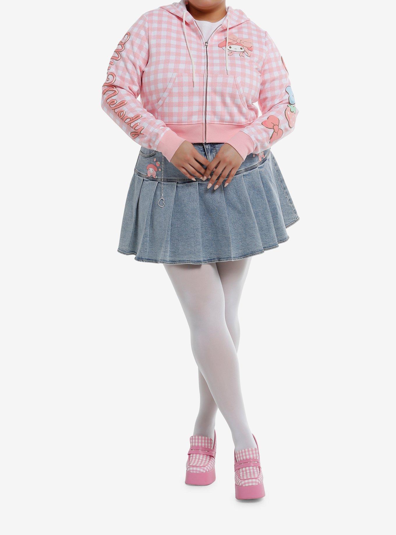 My Melody Puff Print Gingham Girls Crop Hoodie Plus Size, , hi-res