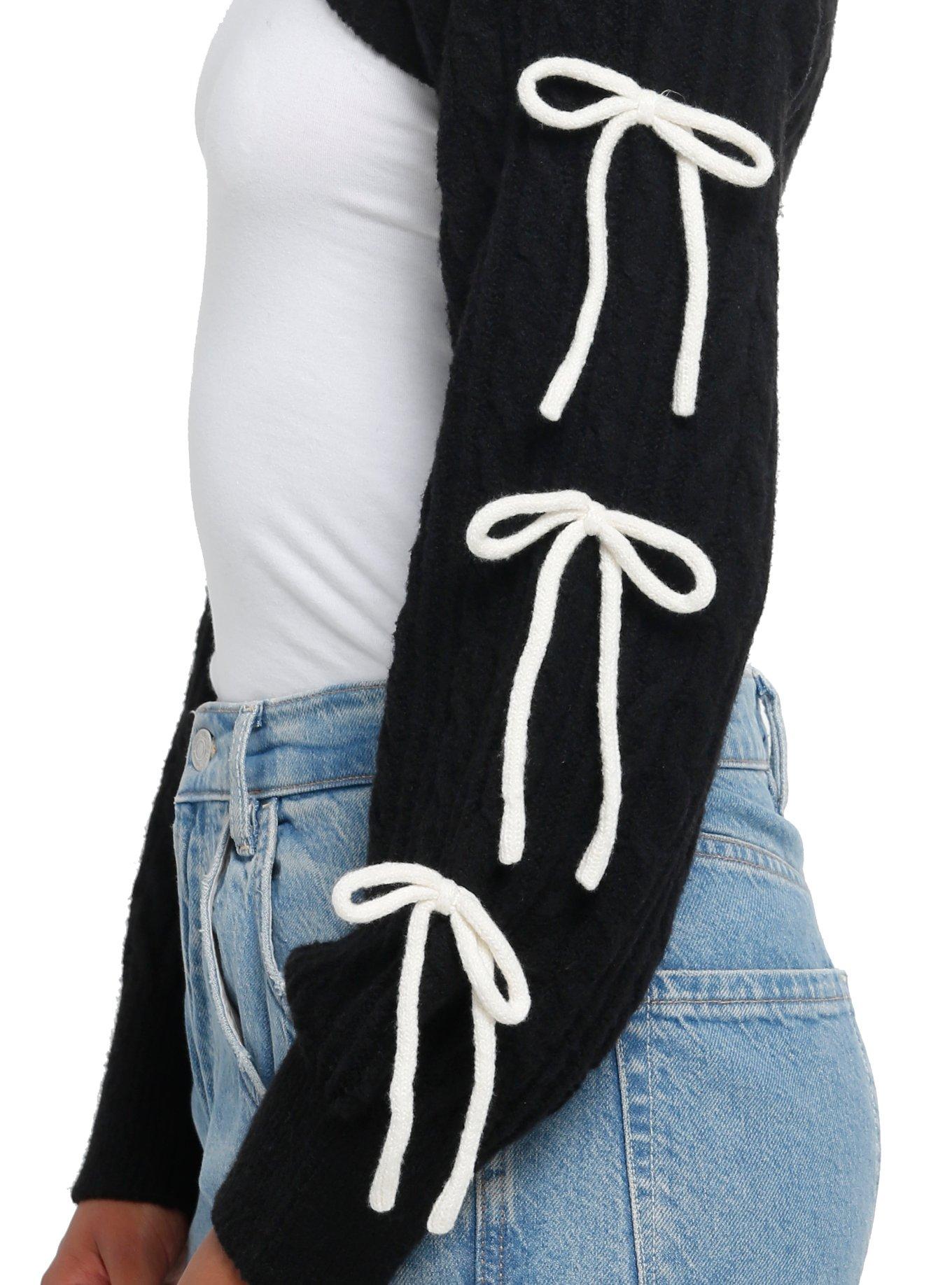 Sweet Society Black Cable Knit White Bow Bolero Girls Crop Shrug, , alternate