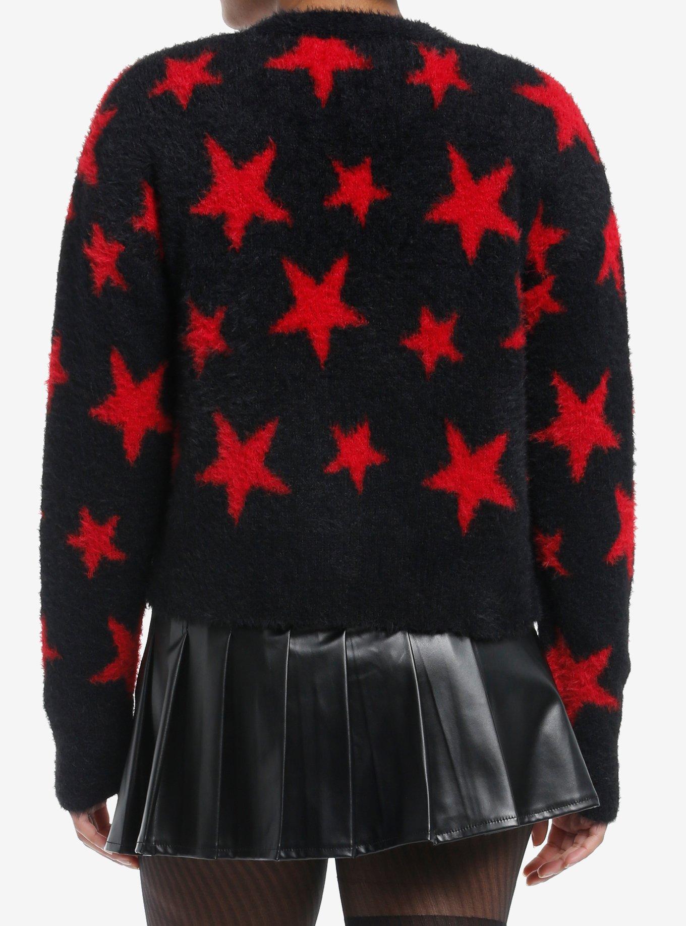 Social Collision Black & Red Star Fuzzy Girls Cardigan, BLACK, alternate