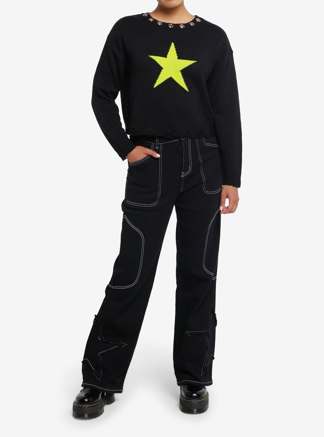 Black & Lime Green Star Grommet Girls Sweater, , hi-res