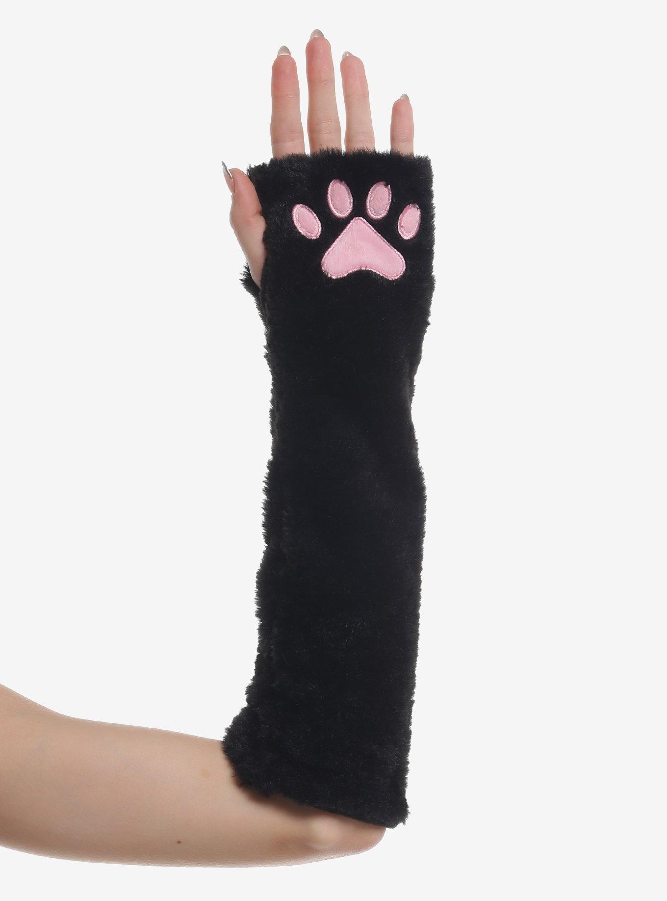 Black Cat Paw Fuzzy Arm Warmers, , hi-res