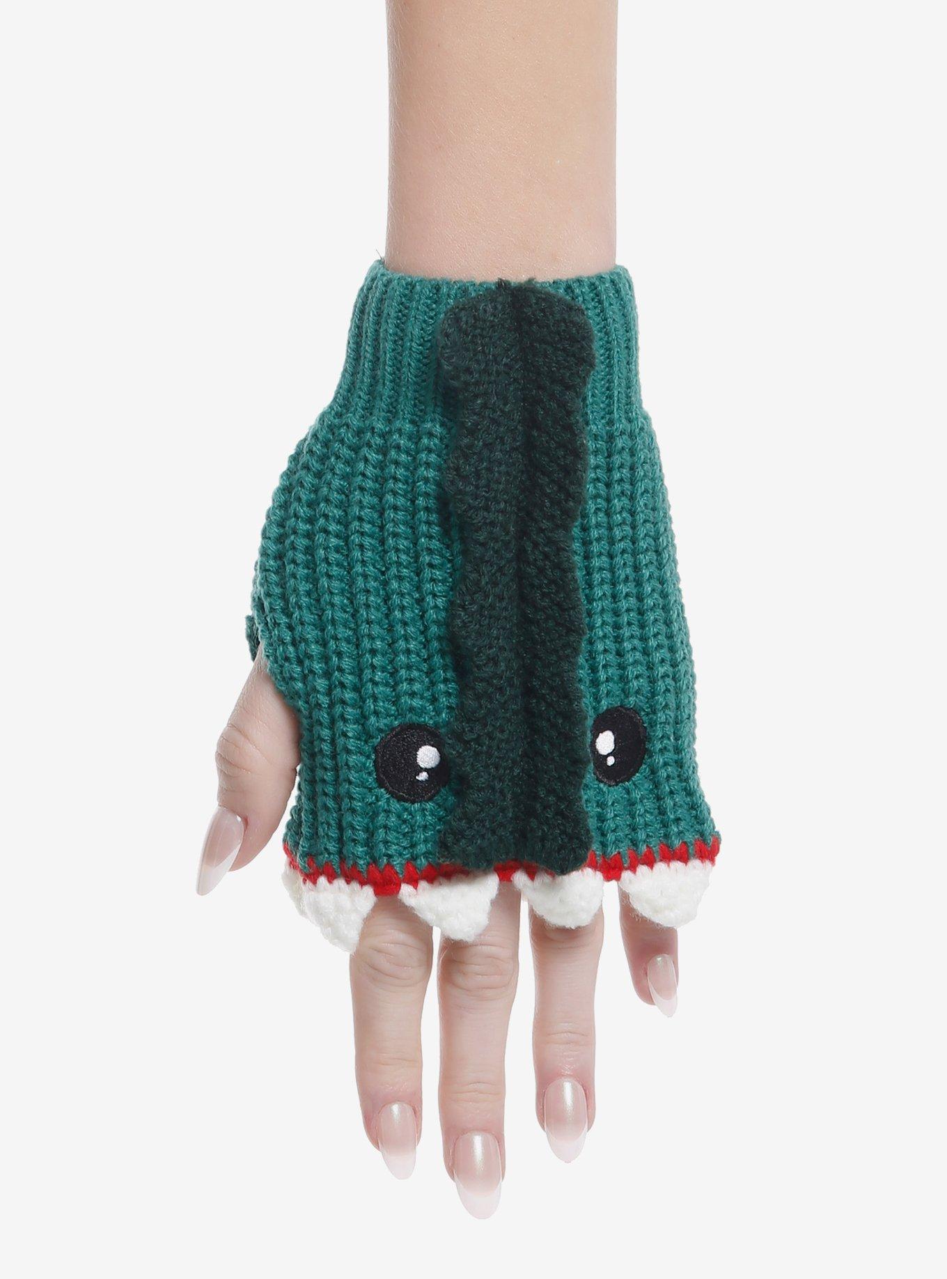 Green Dinosaur Biting Fingerless Gloves, , hi-res