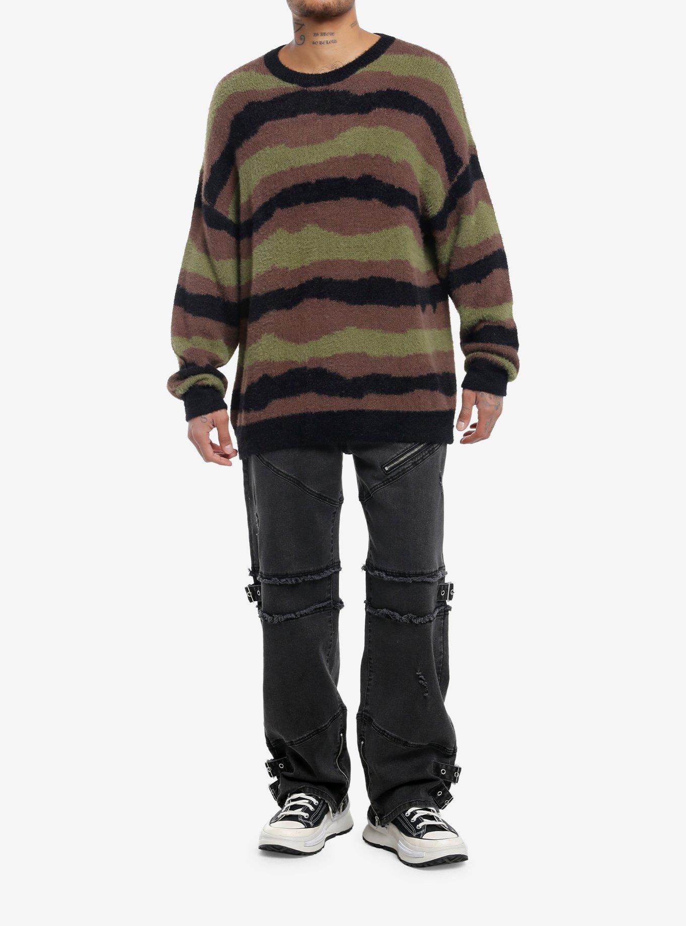 Brown & Green Wavy Stripe Fuzzy Sweater, , hi-res