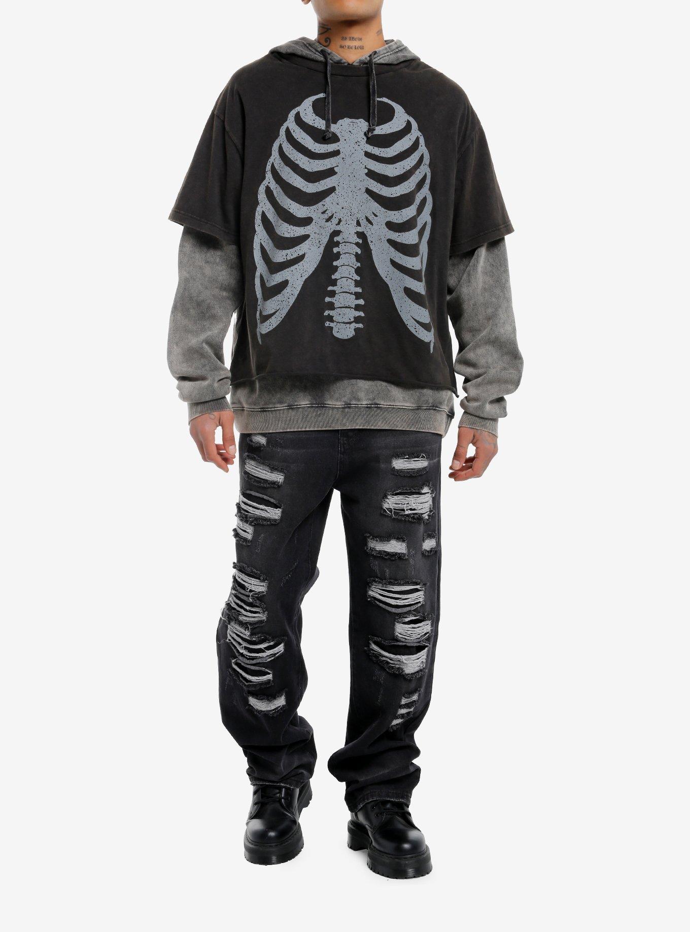 Rib Cage Grey Wash Oversized Twofer Hoodie, , hi-res