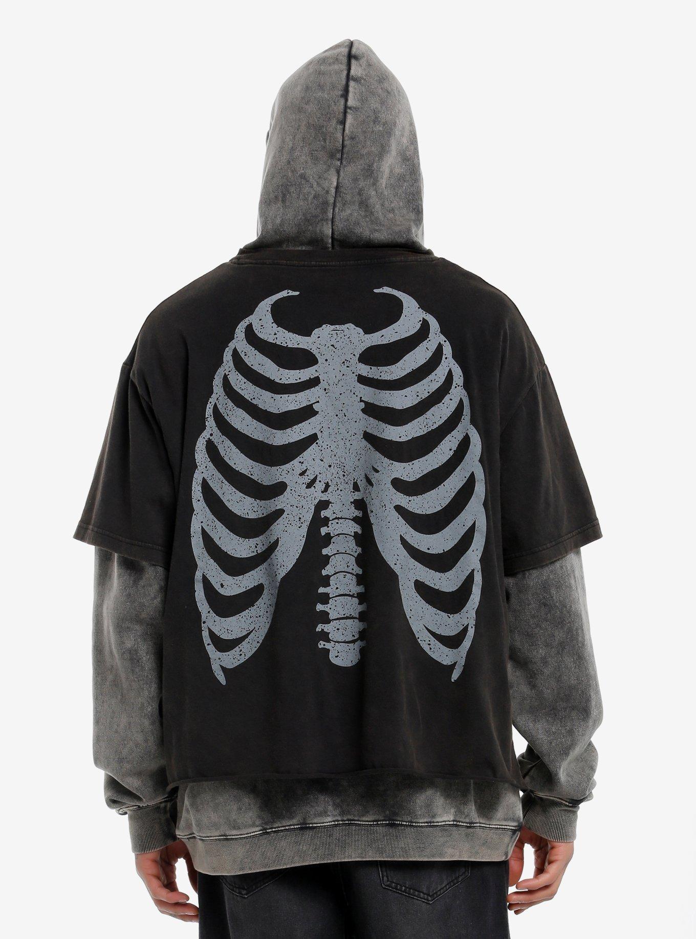 Rib Cage Grey Wash Oversized Twofer Hoodie, BLACK, alternate