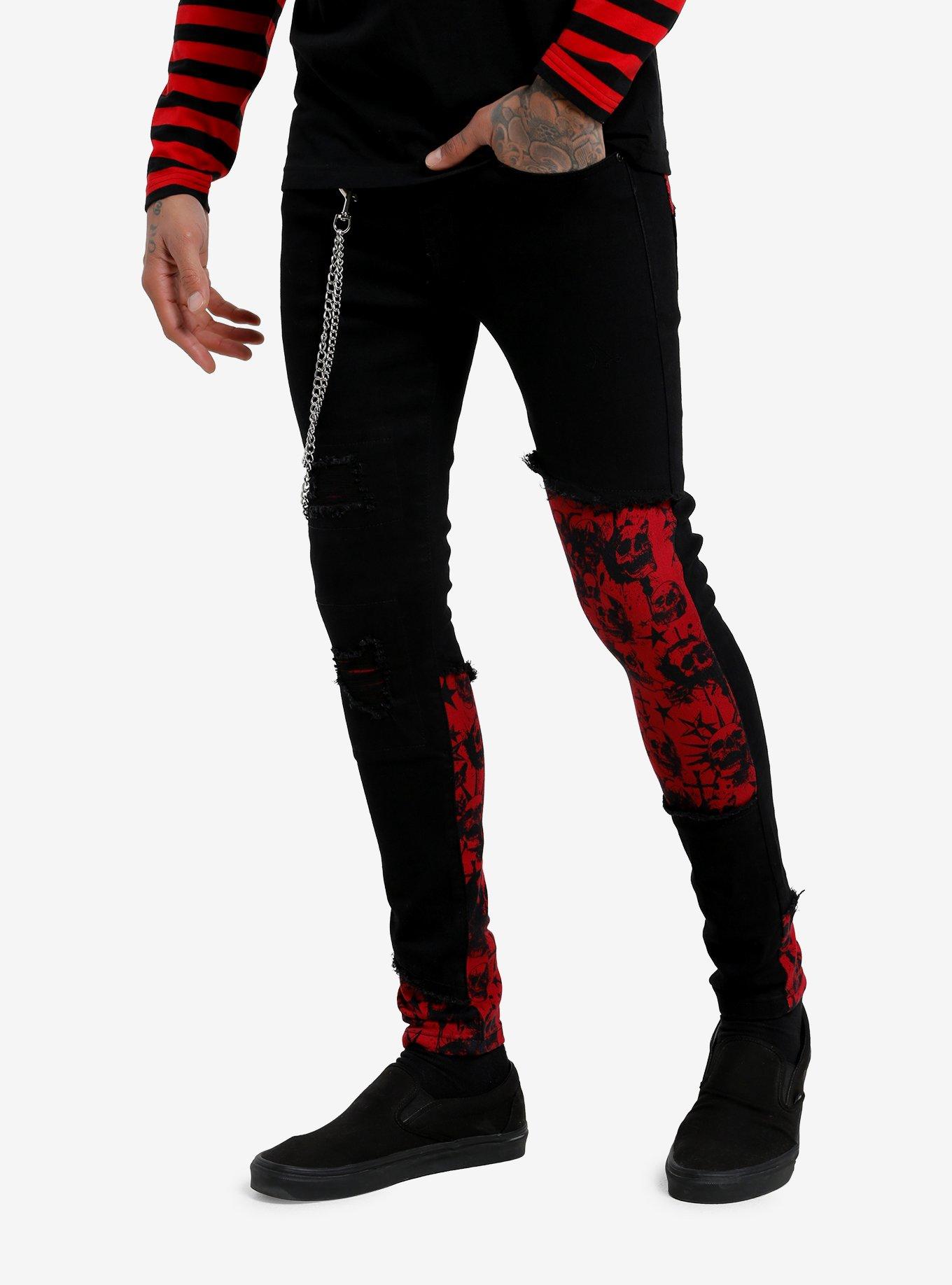Black & Red Skull Cross Side Chain Stinger Jeans, RED, alternate