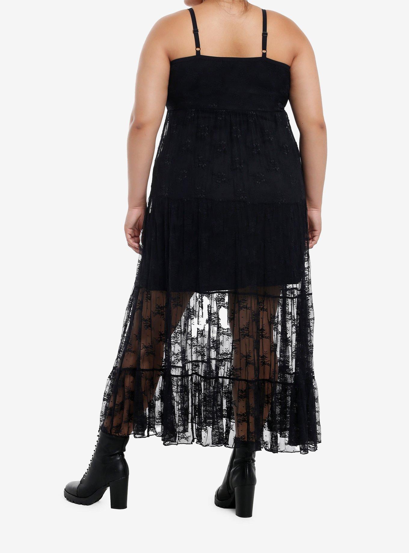 Cosmic Aura Floral Lace Tiered Cami Dress Plus Size, BLACK, alternate