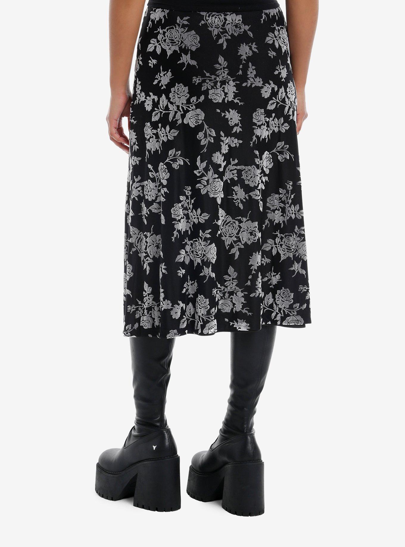 Thorn & Fable Black & Grey Rose Velvet Midi Skirt, , hi-res