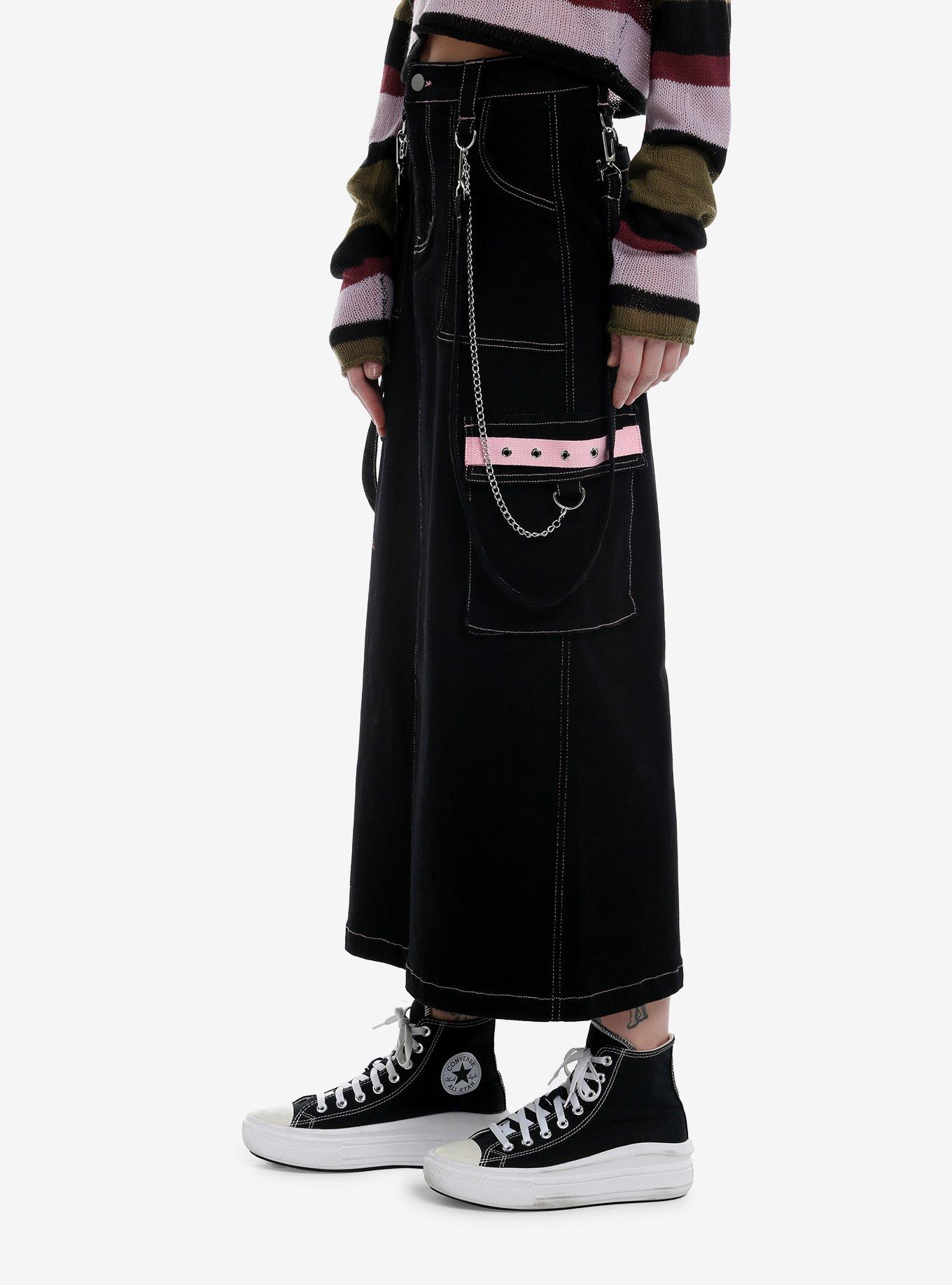 Black & Pink Contrast Stitch Suspender Cargo Maxi Skirt, PINK, alternate