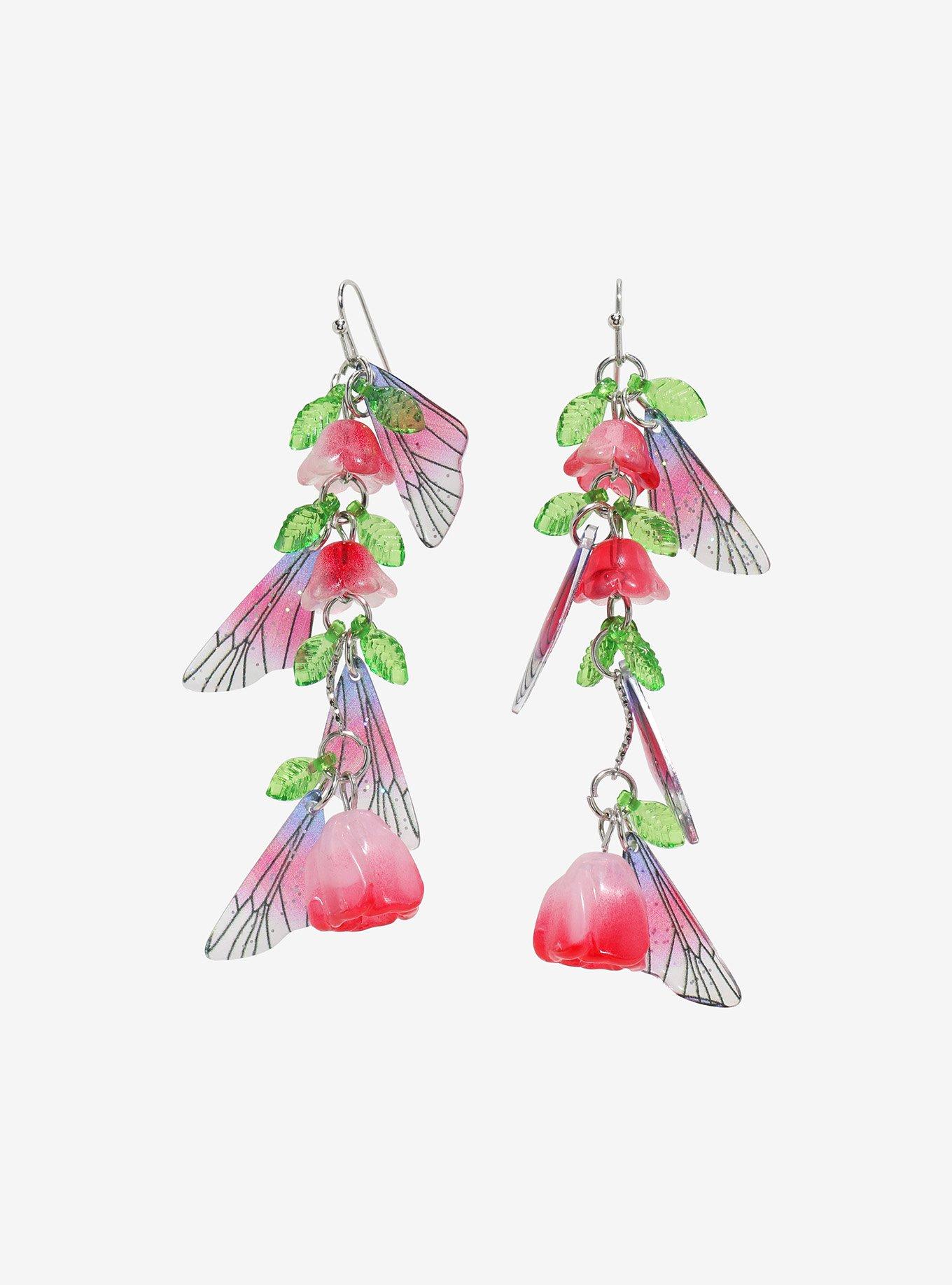 Thorn & Fable Pink Flower Fairy Wing Earrings, , hi-res