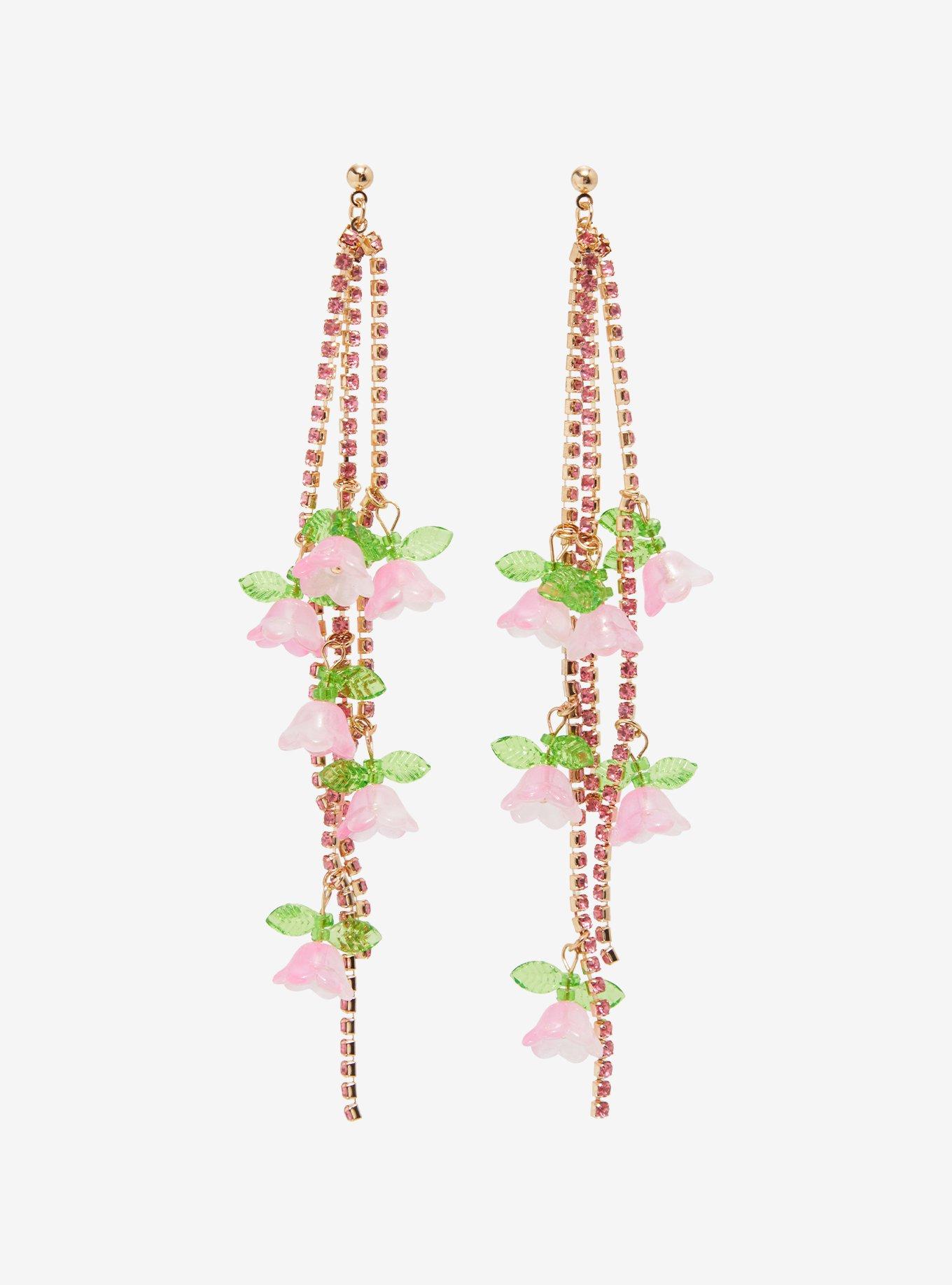 Thorn & Fable Pink Flower Gem Drop Earrings, , hi-res