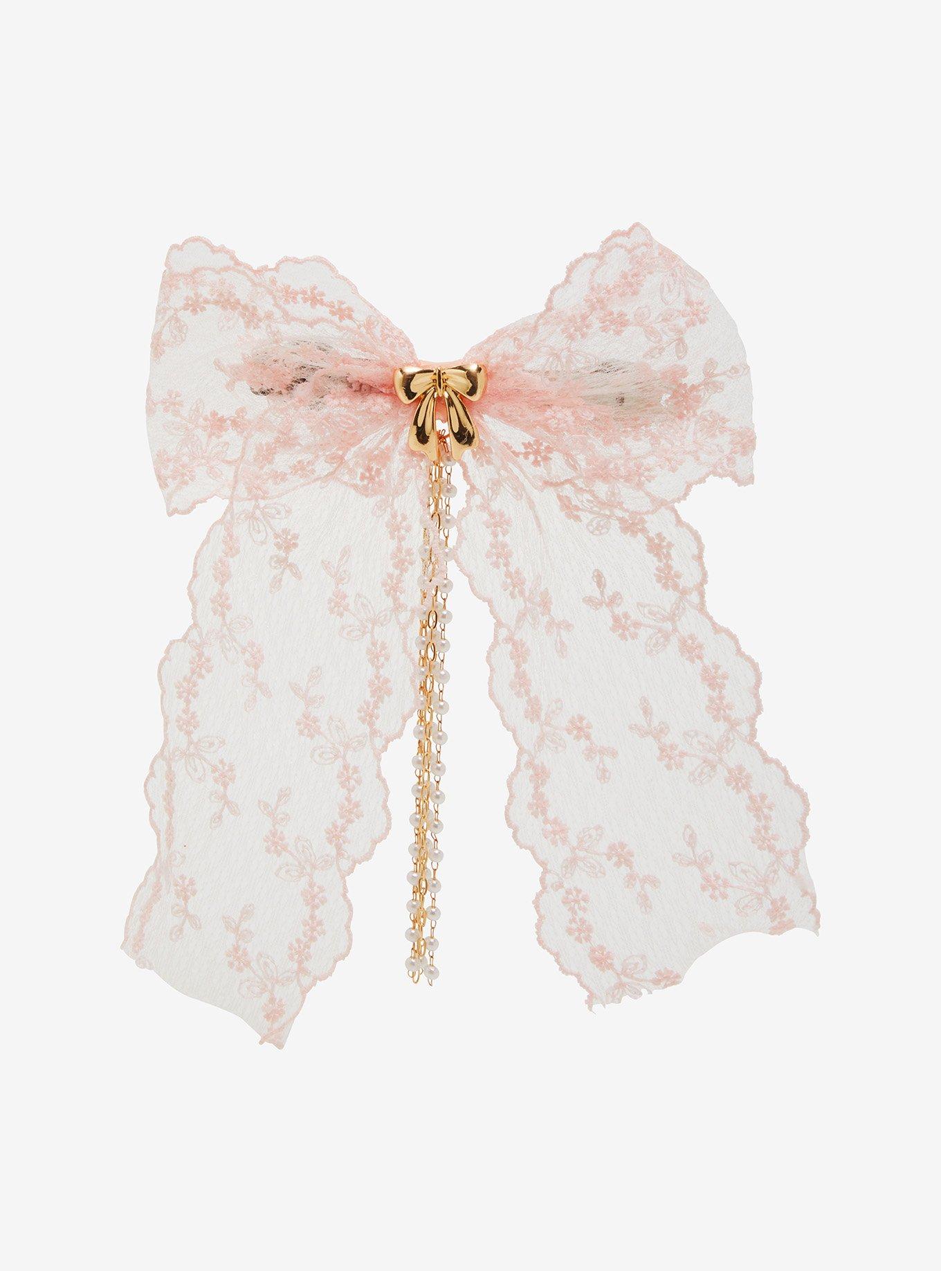 Sweet Society Pink Lace Pearl Chain Hair Bow, , hi-res
