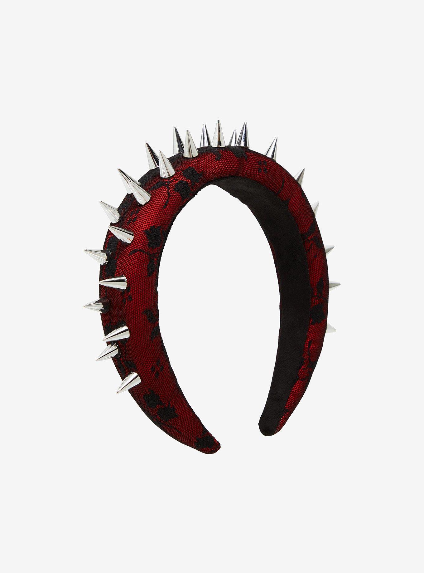 Social Collision Red & Black Lace Spike Headband, , alternate