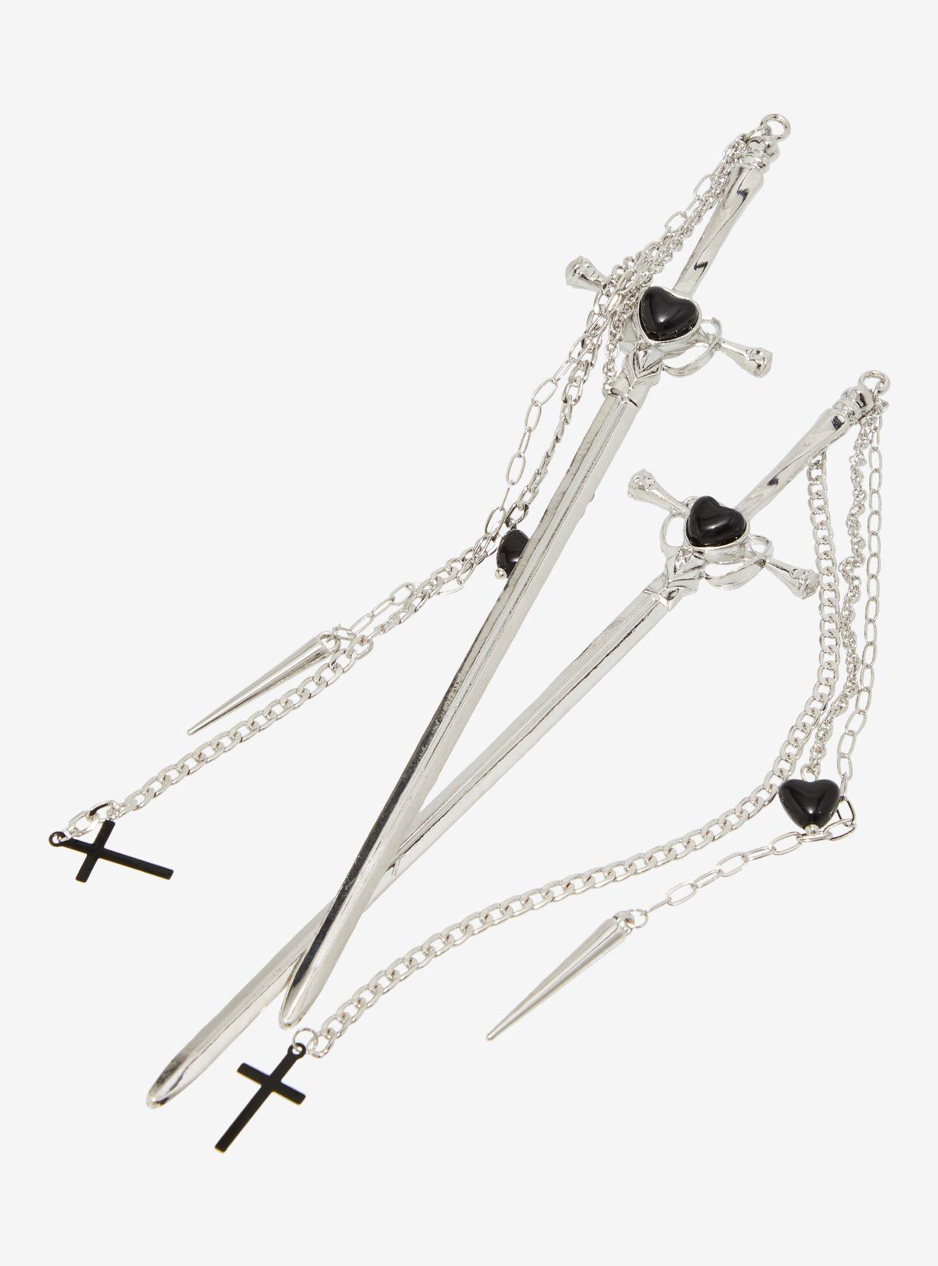 Social Collision Dagger Cross Chain Hair Stick Set, , hi-res