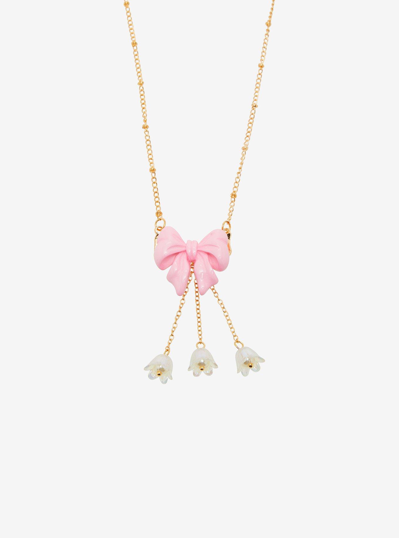 Sweet Society Pink Bow Flower Necklace, , alternate