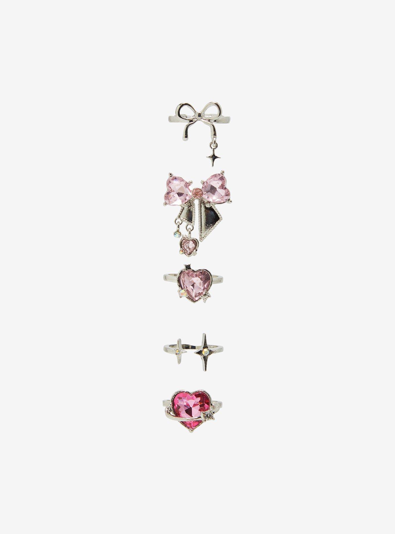 Sweet Society Pink Gem Bow Heart Ring Set, , hi-res