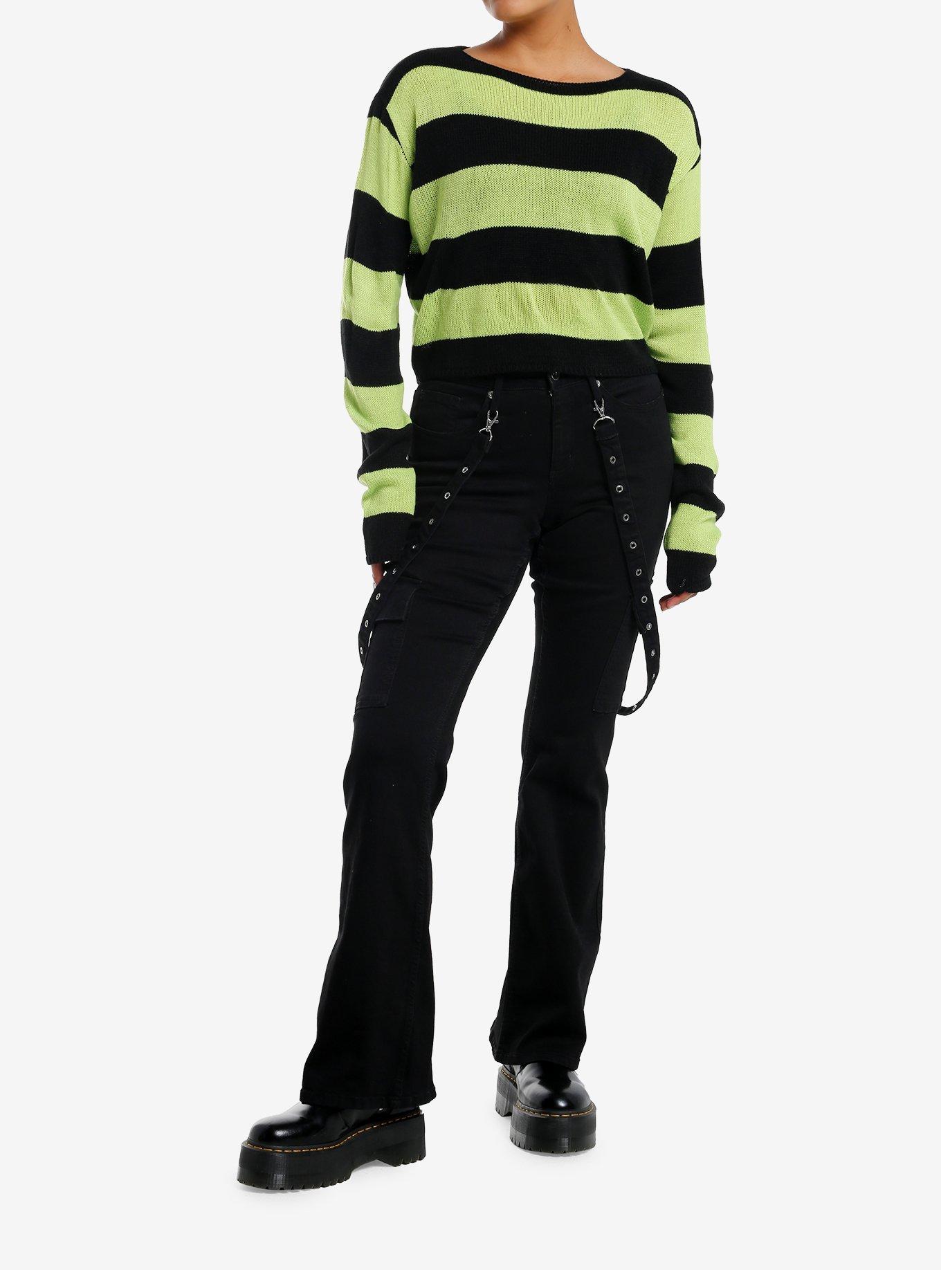 Social Collision Black & Green Stripe Girls Crop Sweater, , hi-res