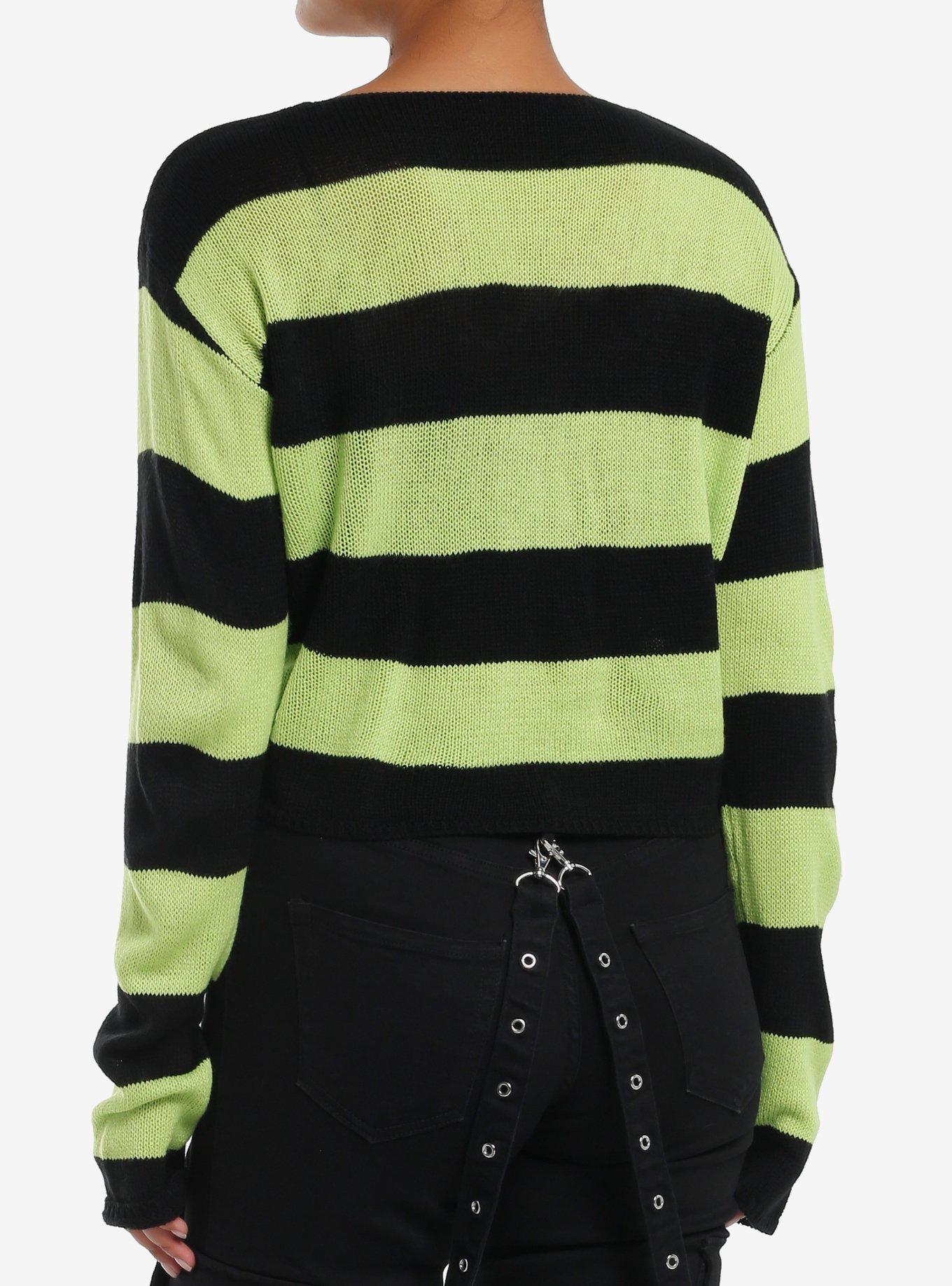 Social Collision Black & Green Stripe Girls Crop Sweater, BLACK, alternate
