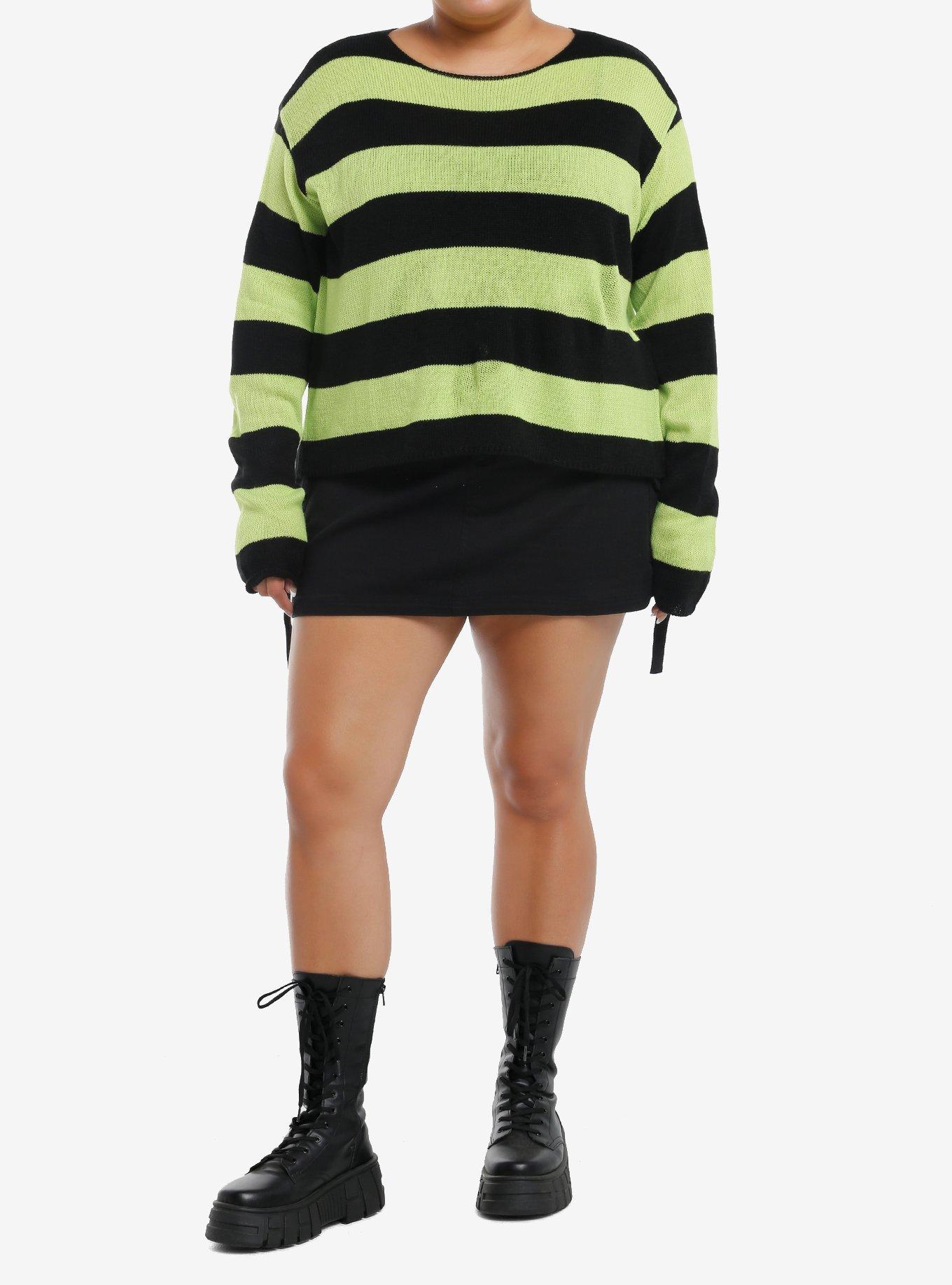 Social Collision Black & Green Stripe Girls Crop Sweater Plus Size, BLACK, alternate