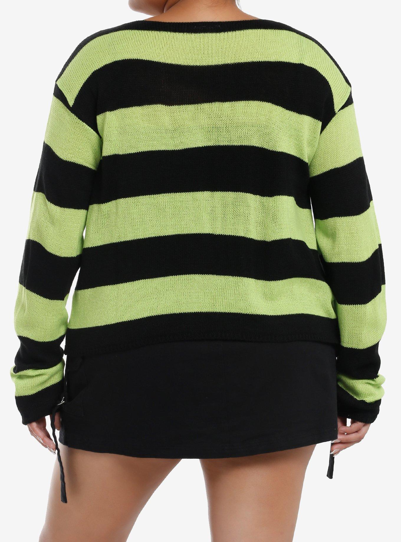 Social Collision Black & Green Stripe Girls Crop Sweater Plus Size, BLACK, alternate