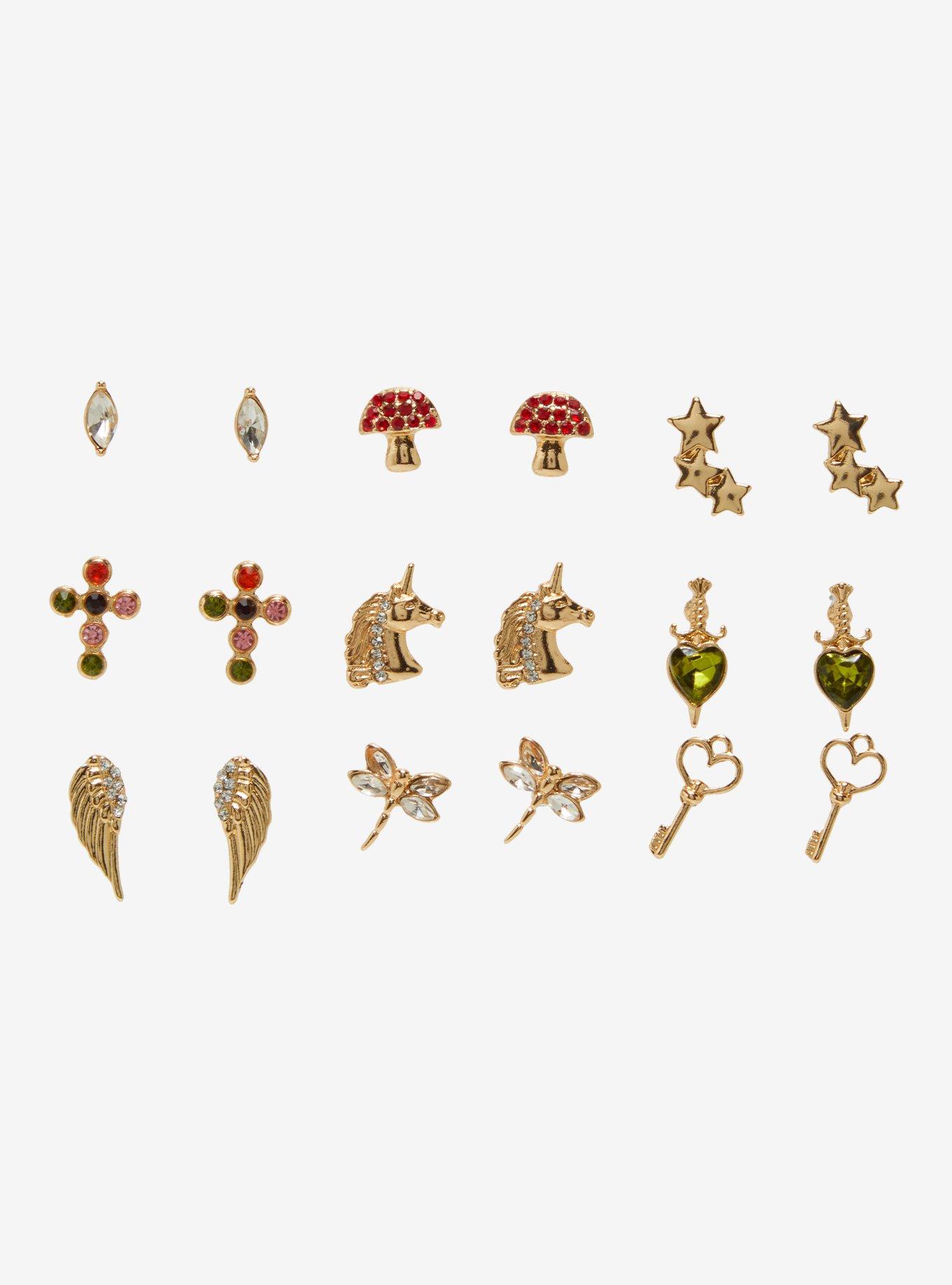 Thorn & Fable Unicorn Mushroom Dragonfly Earring Set, , hi-res