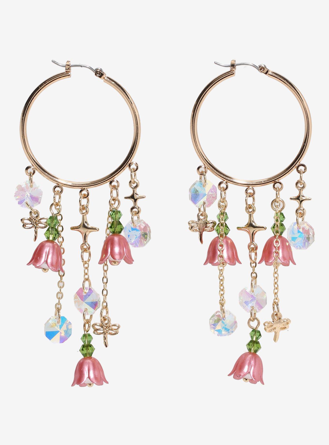 Thorn & Fable Flower Dragonfly Drop Hoop Earrings, , alternate