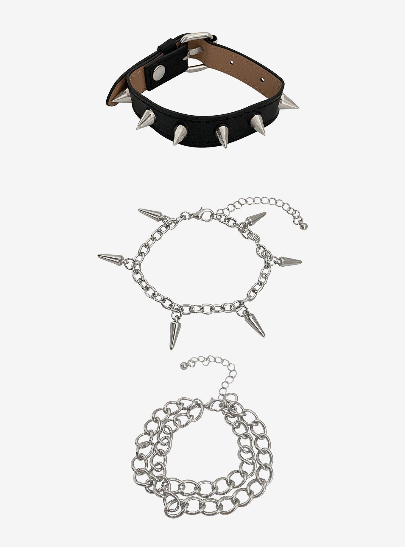 Black & Silver Spike Faux Leather Chain Bracelet Set, , hi-res