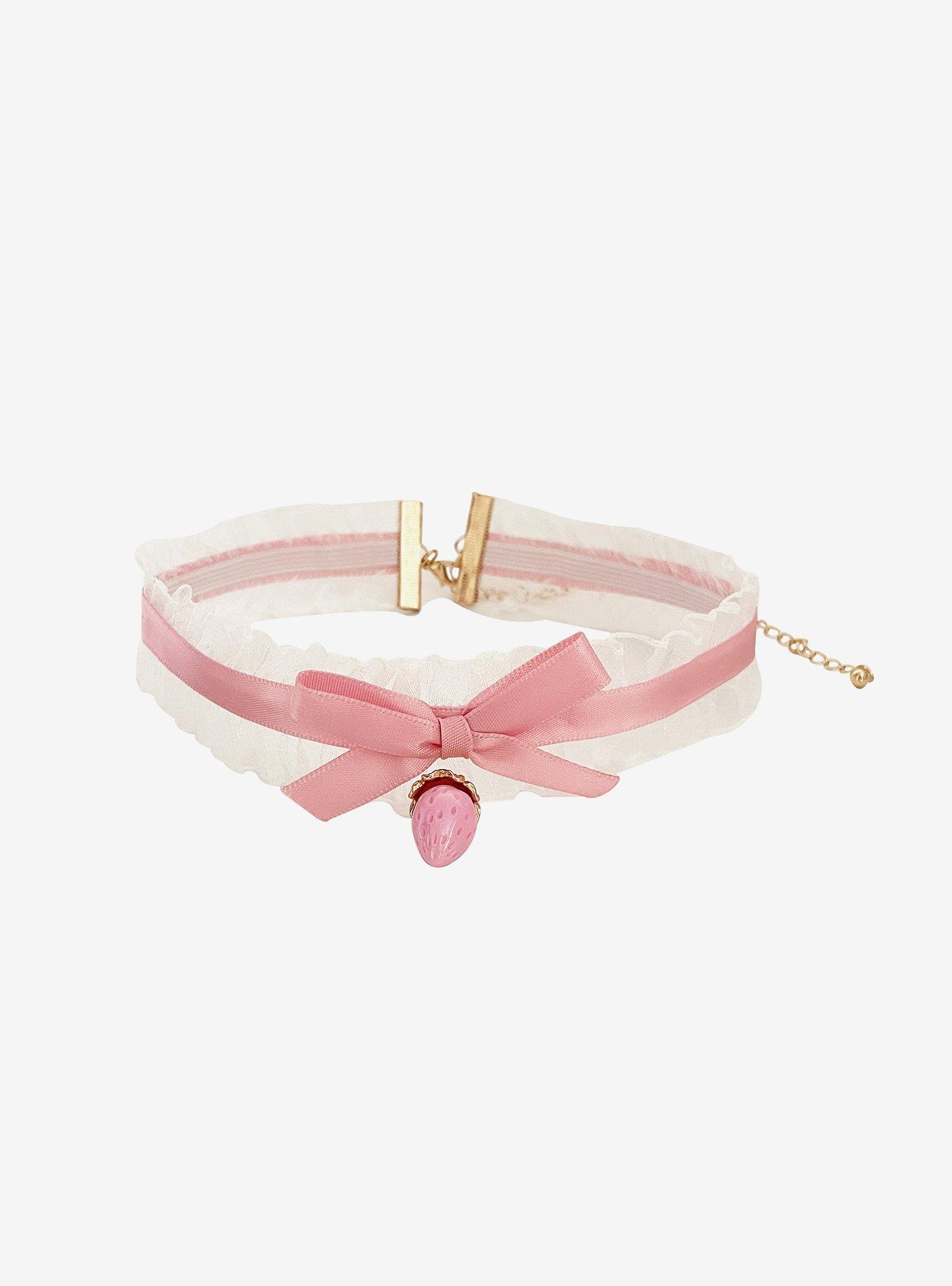 Sweet Society Pink Strawberry Ruffle Ribbon Choker, , hi-res
